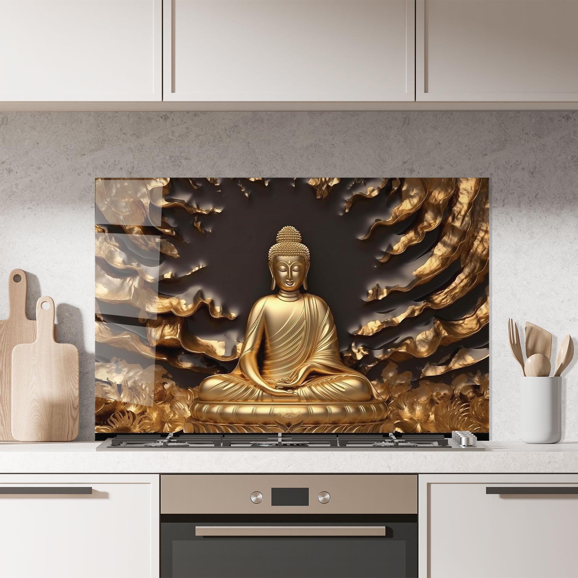 Panou Sticla Bucatarie Gold 3d Buddha mockup 7