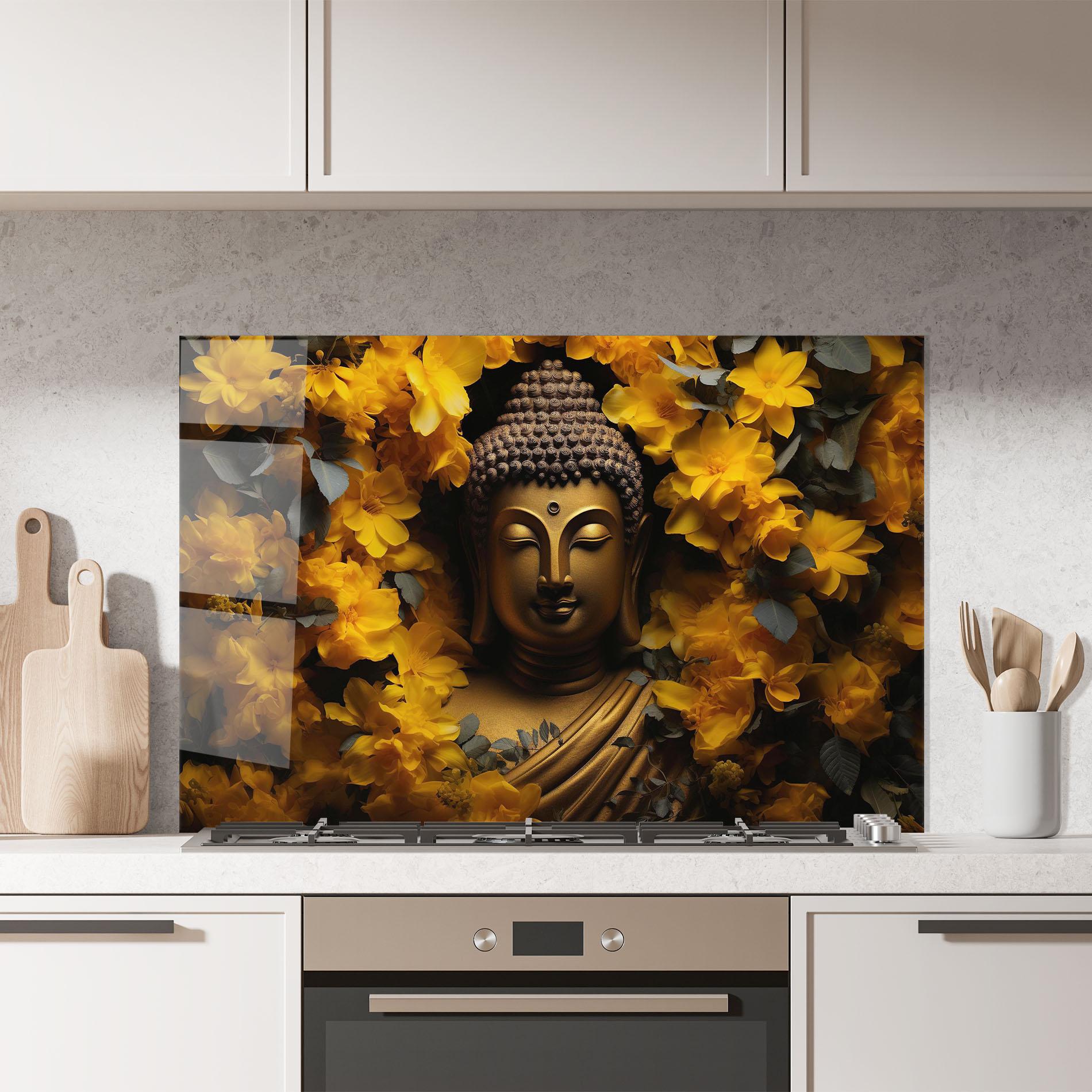 Panou Sticla Bucatarie Gold Buddha Meditation mockup 7