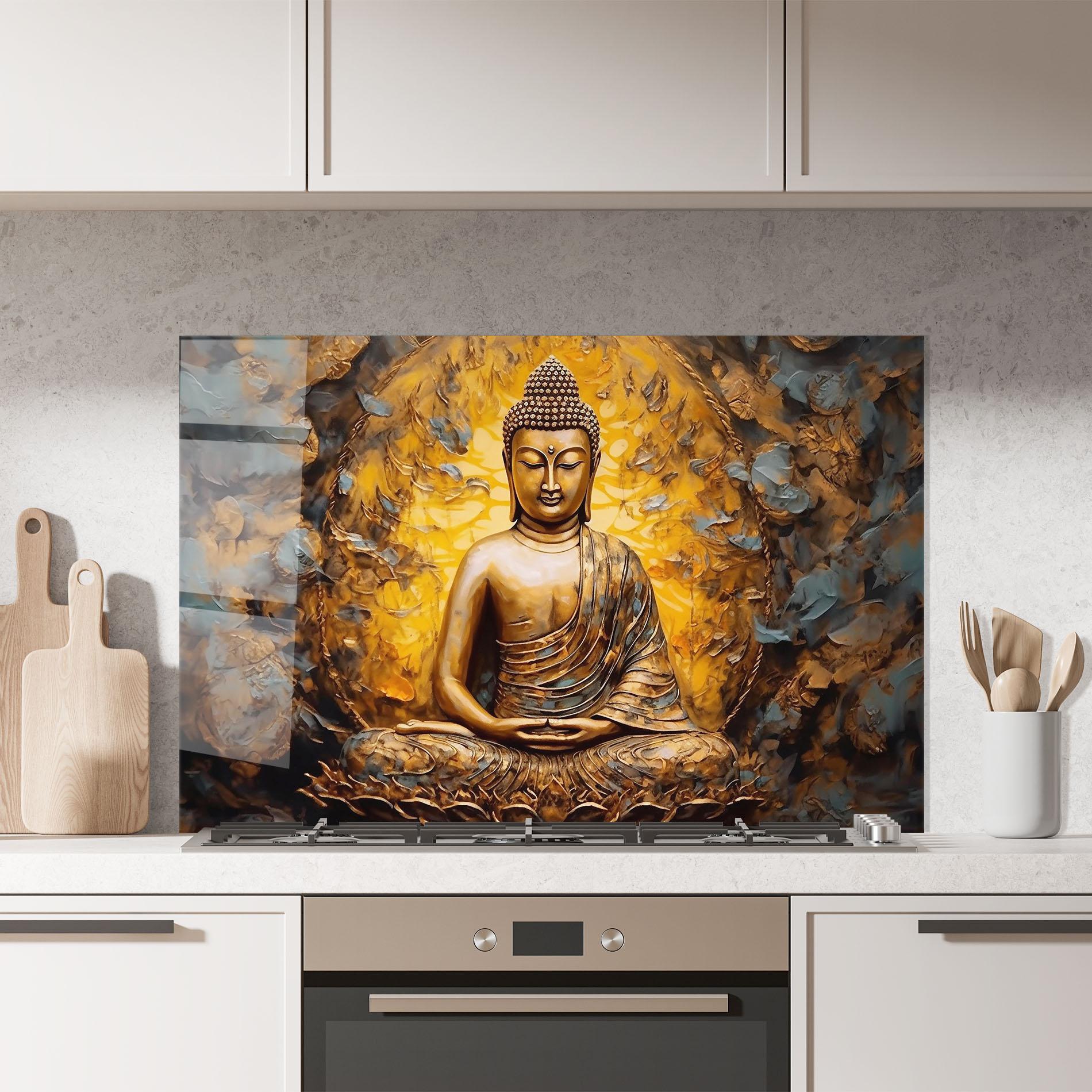 Panou Sticla Bucatarie Gold Grey Buddha mockup 7