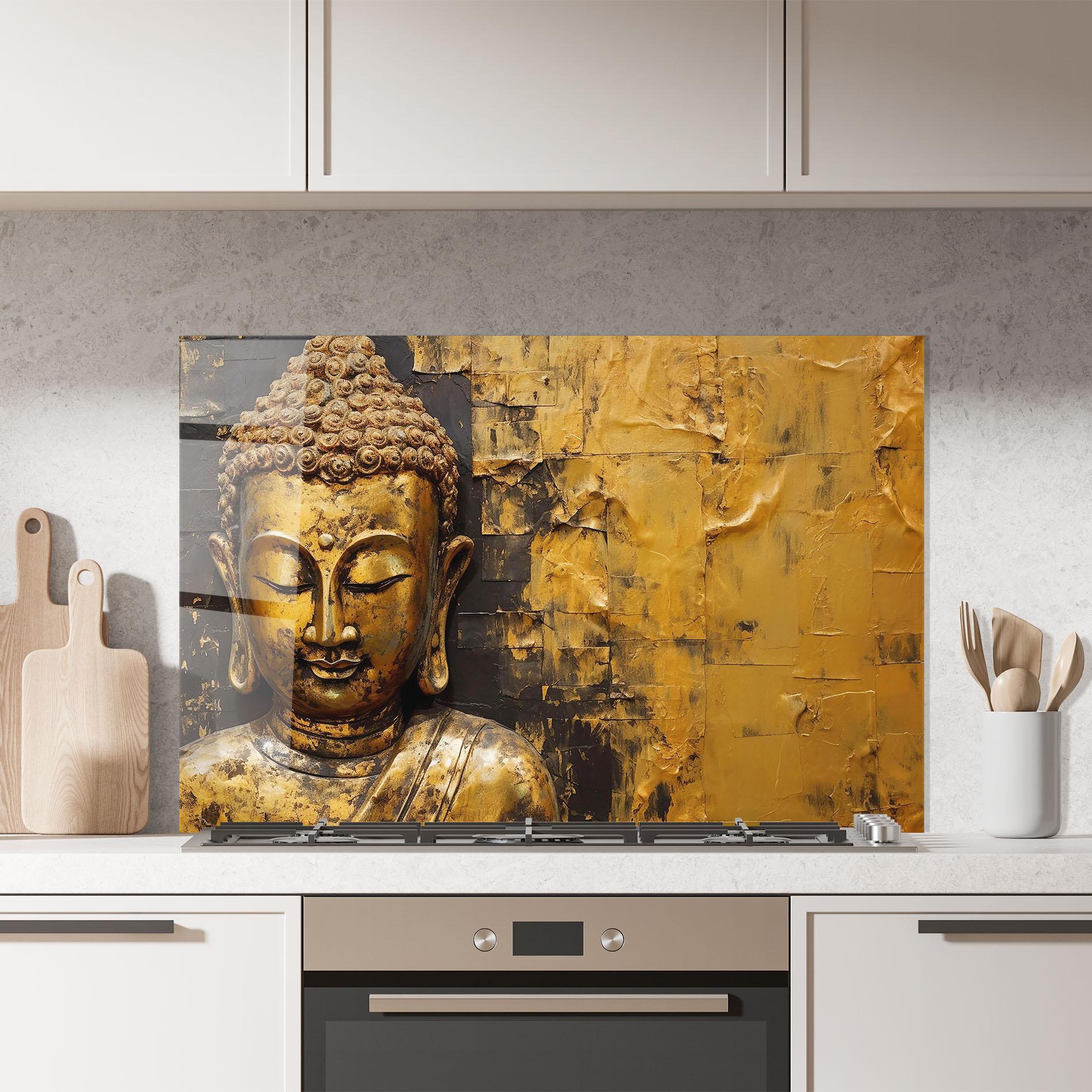 Panou Sticla Bucatarie Gold Paint Buddha mockup 7