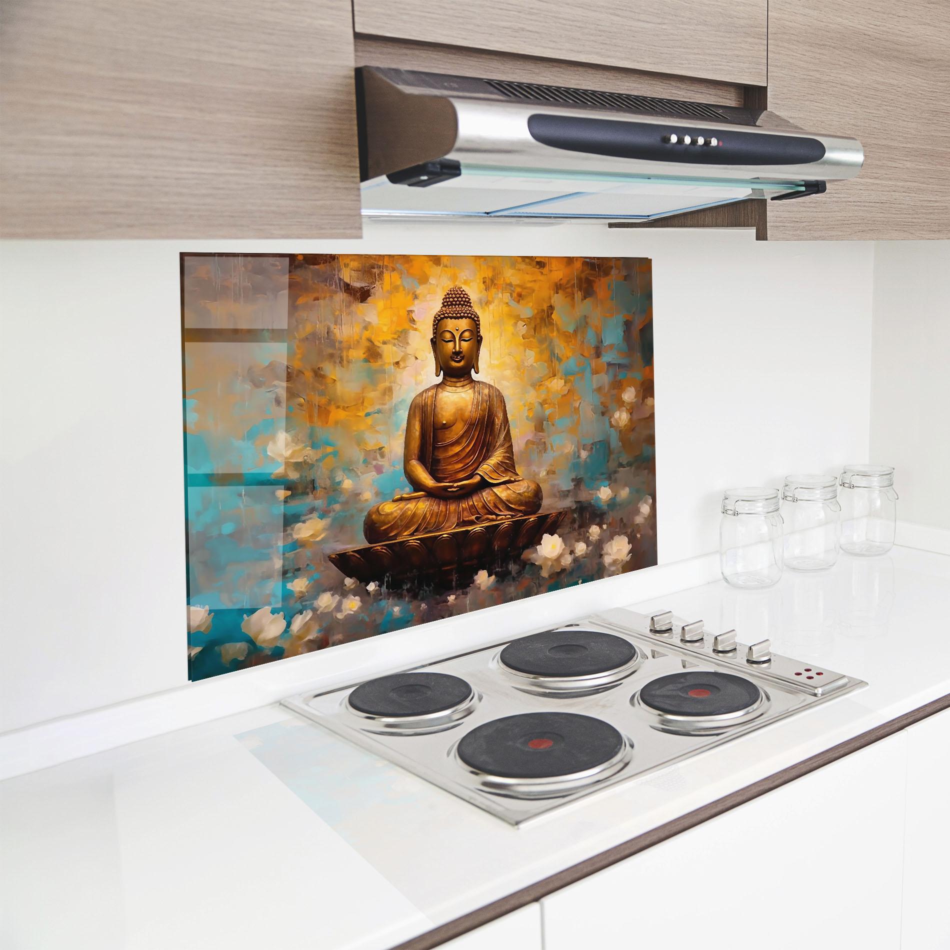 Panou Sticla Bucatarie Blue Gold Buddha mockup 8