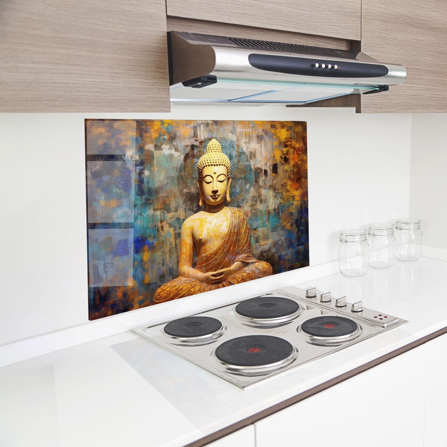 Panou Sticla Bucatarie Buddha Blue Gold mockup 8