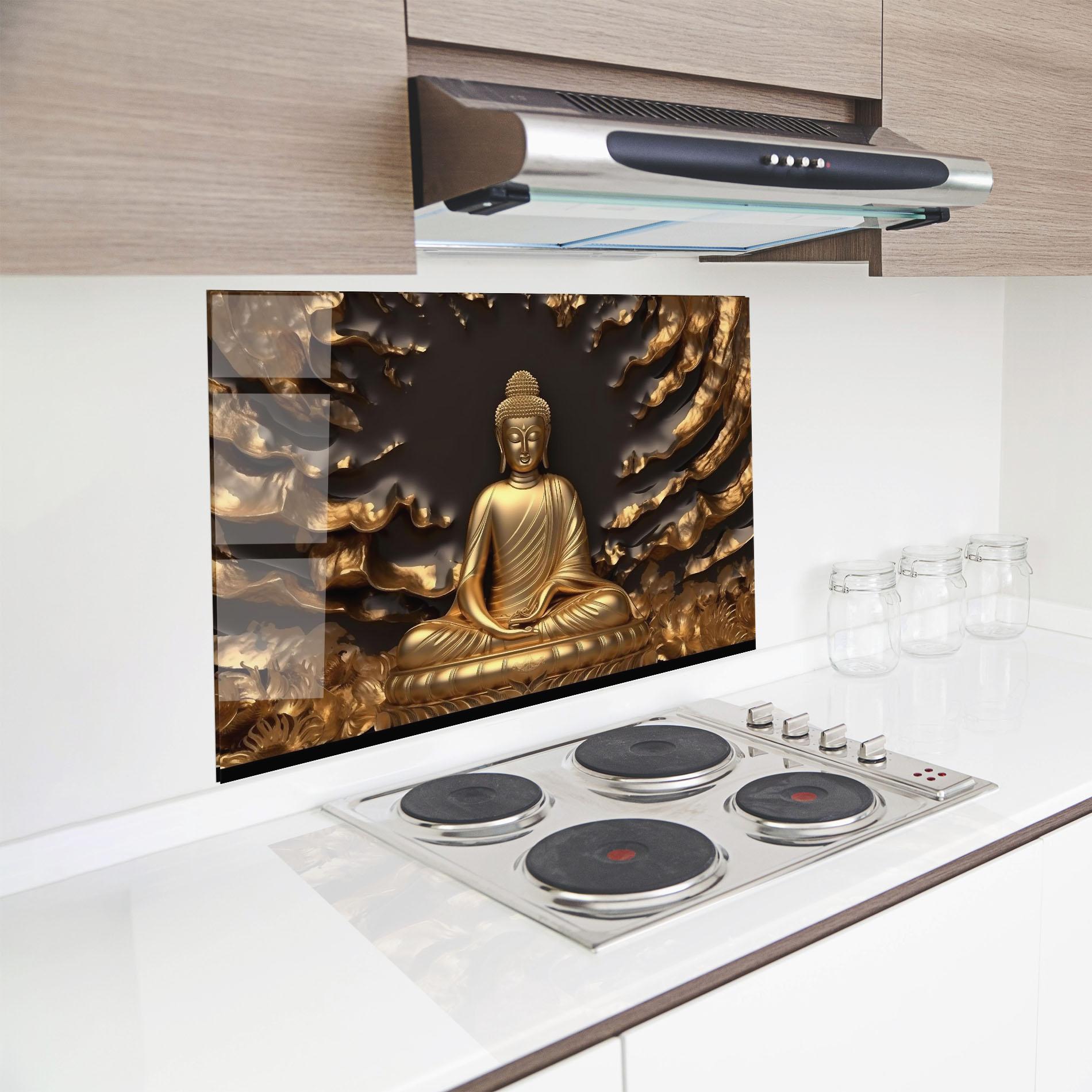Panou Sticla Bucatarie Gold 3d Buddha mockup 8