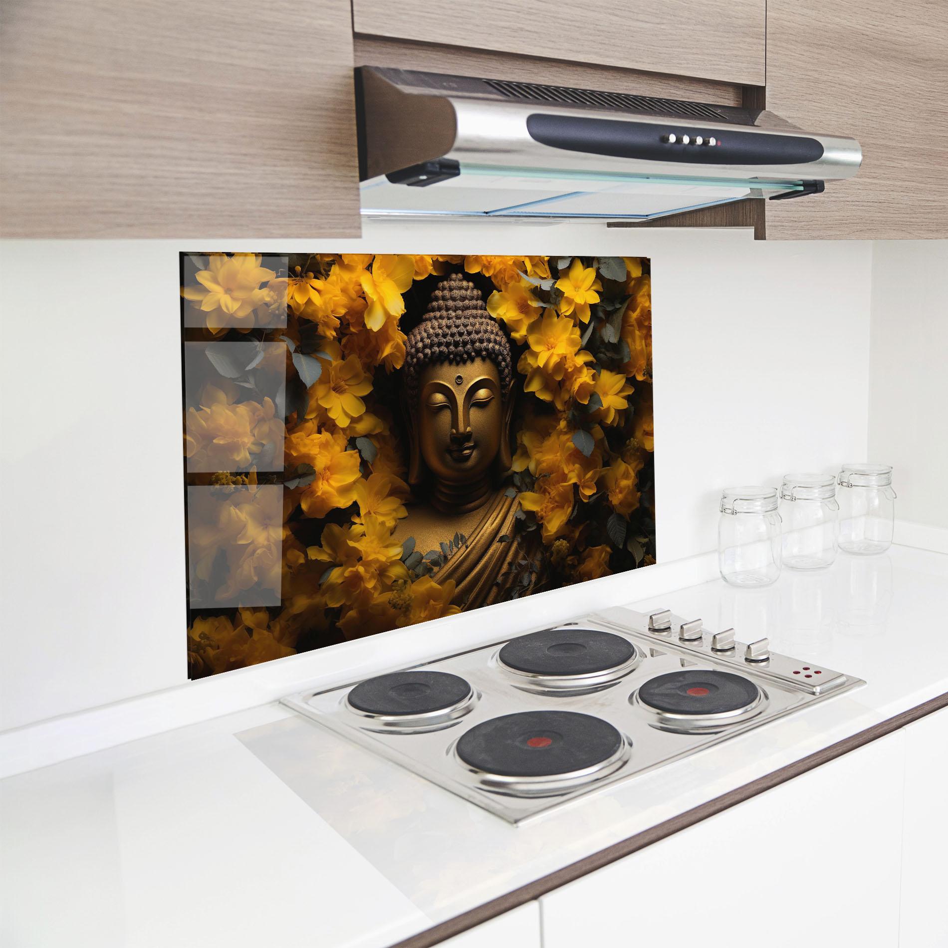 Panou Sticla Bucatarie Gold Buddha Meditation mockup 8