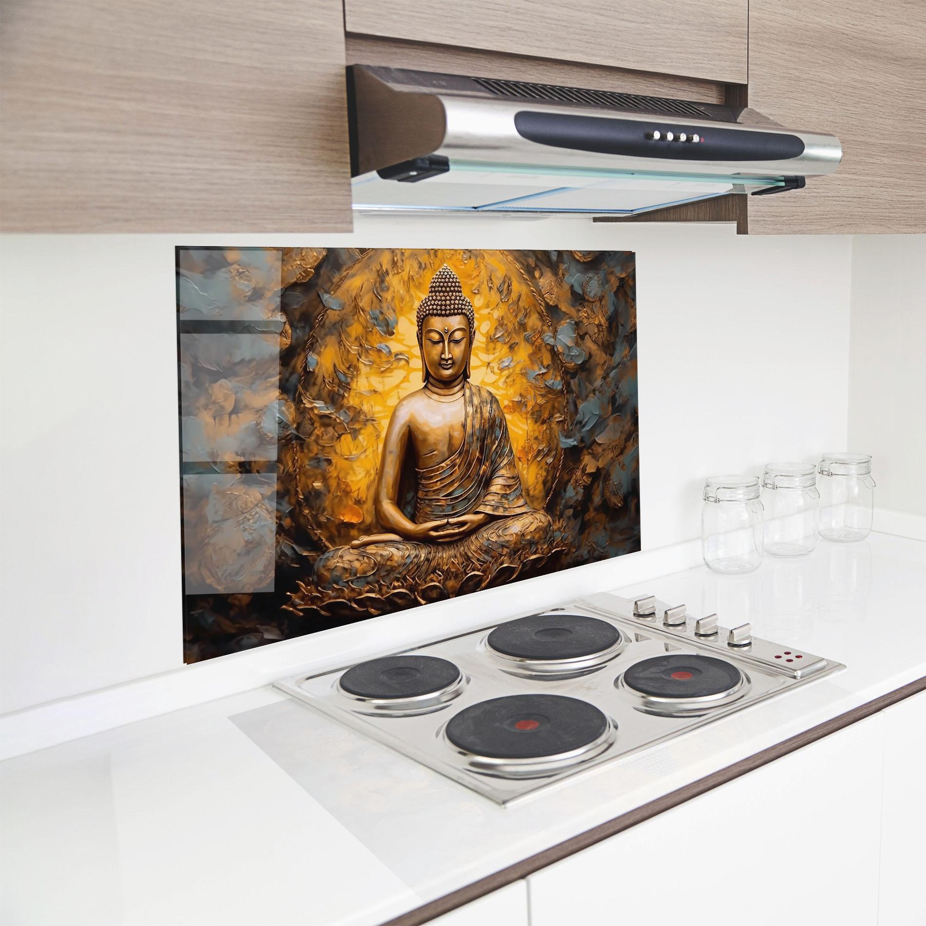 Panou Sticla Bucatarie Gold Grey Buddha mockup 8