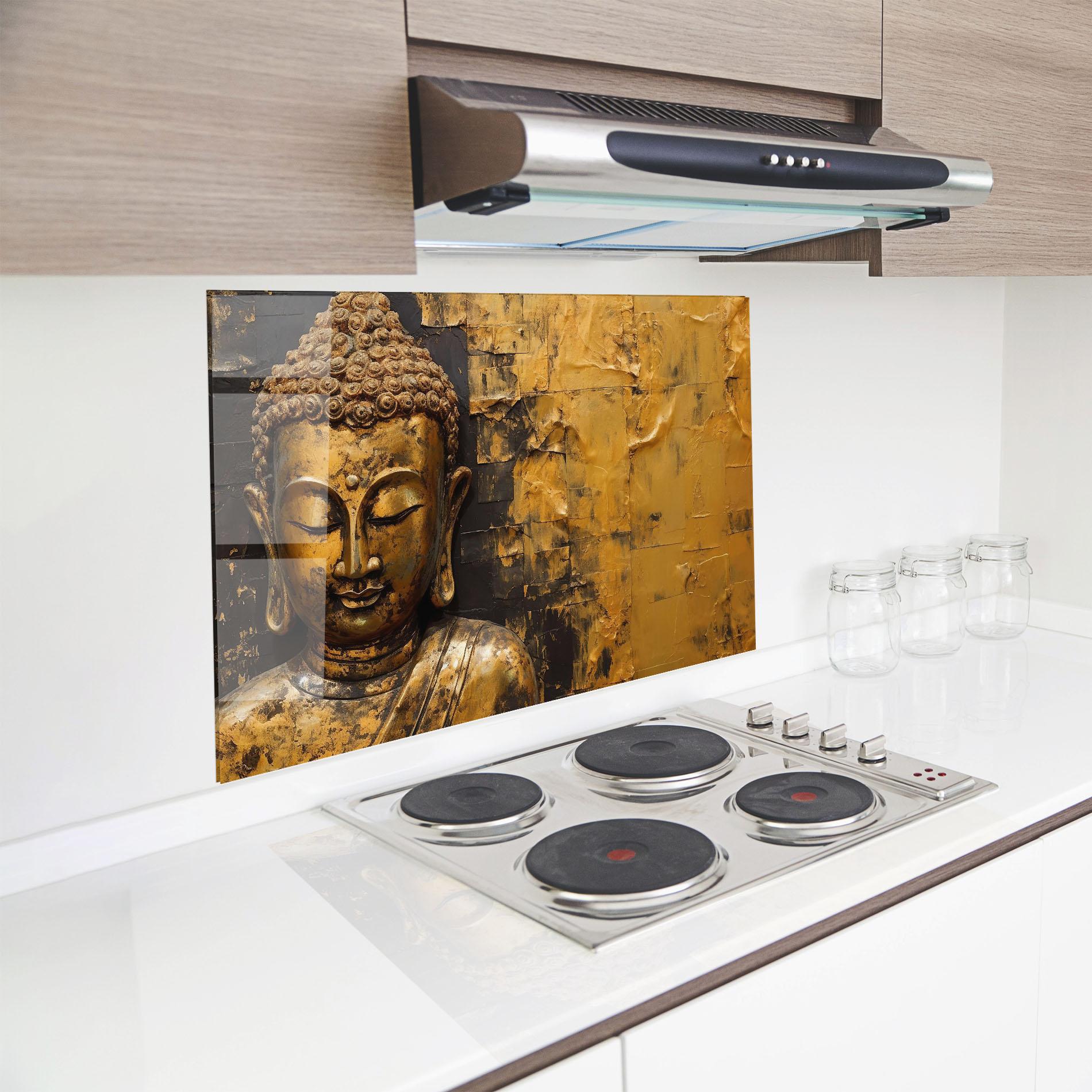 Panou Sticla Bucatarie Gold Paint Buddha mockup 8