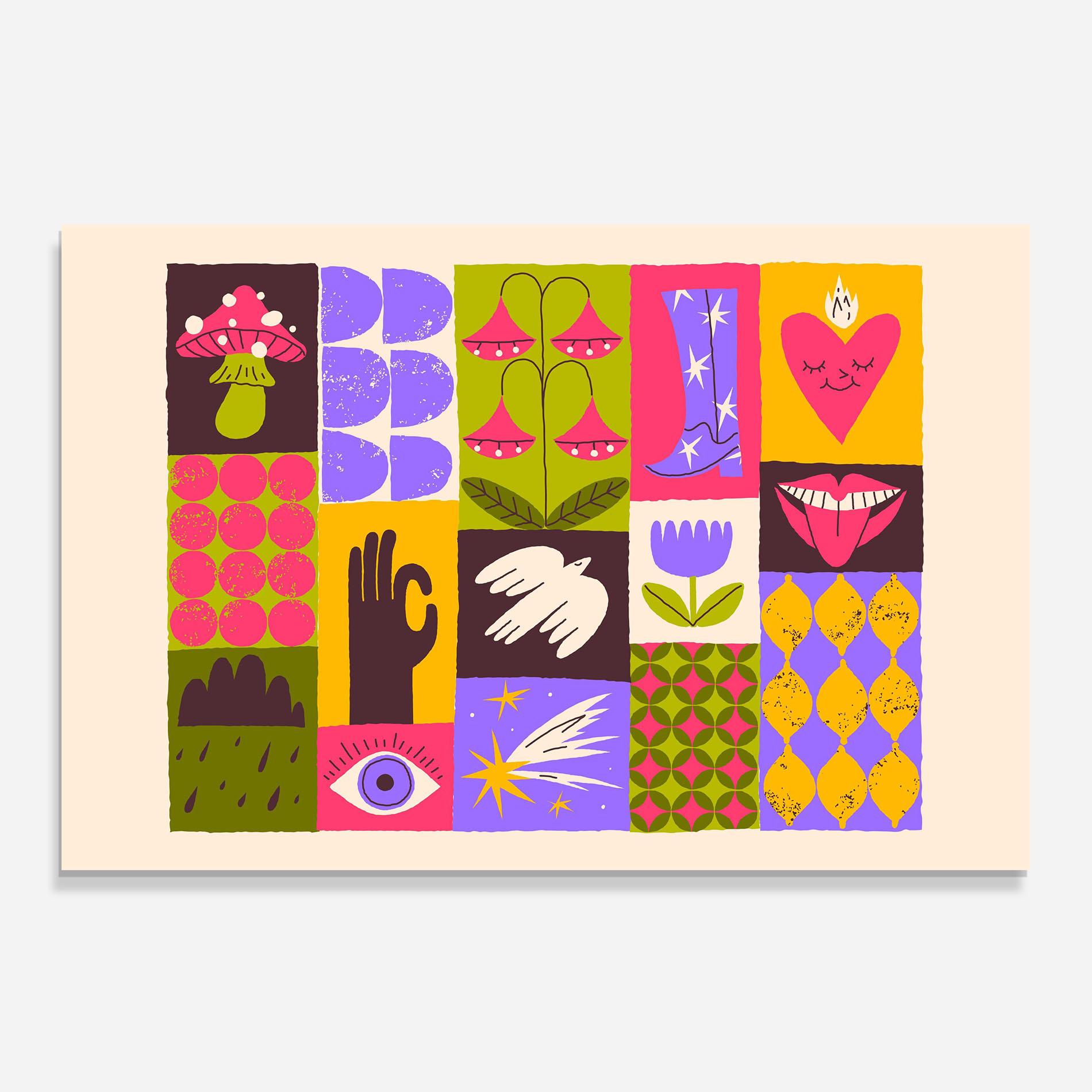 Panou Sticla Bucatarie Green Purple Collage mockup 0