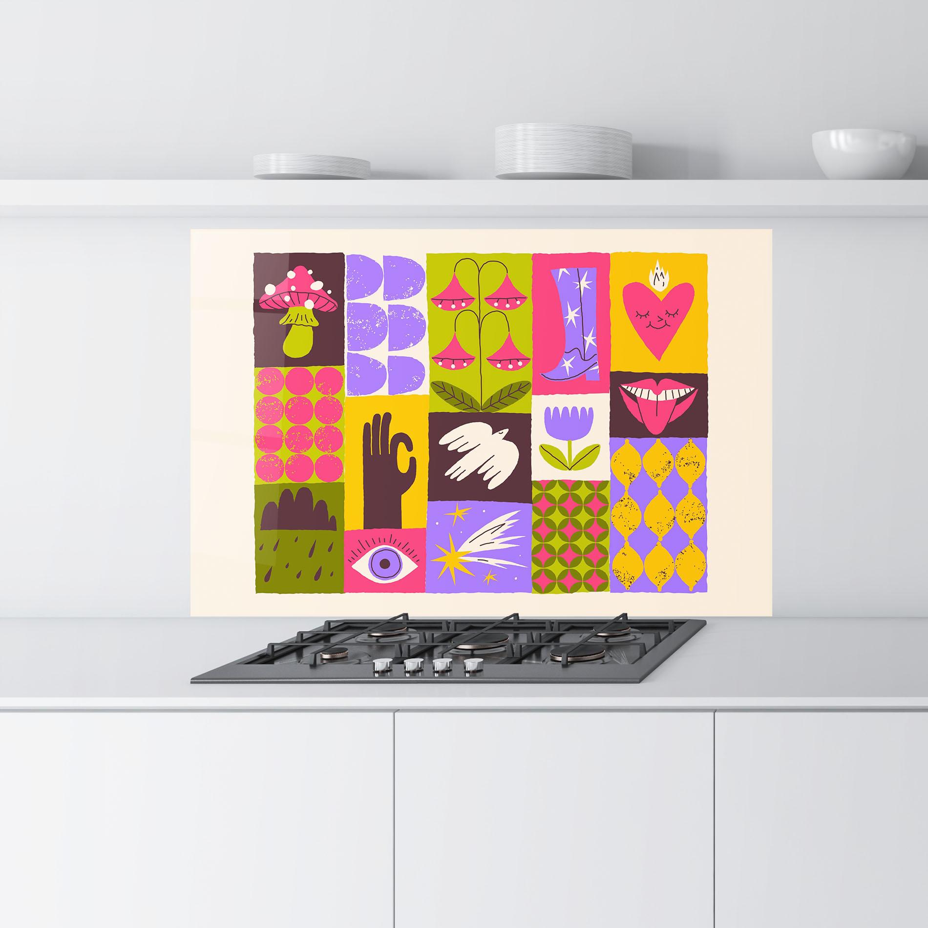 Panou Sticla Bucatarie Green Purple Collage mockup 9