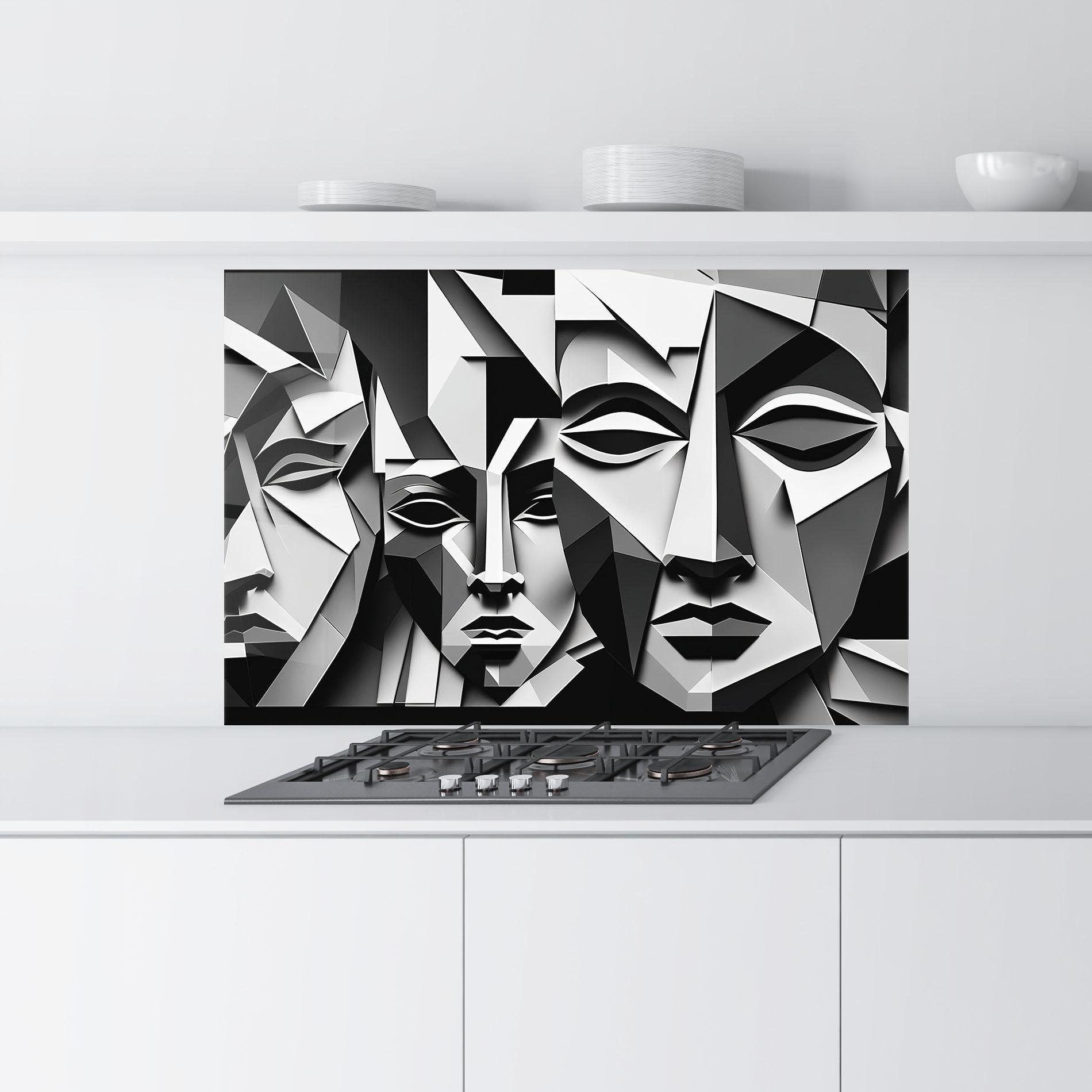 Panou Sticla Bucatarie Grey Faces Collage mockup 9