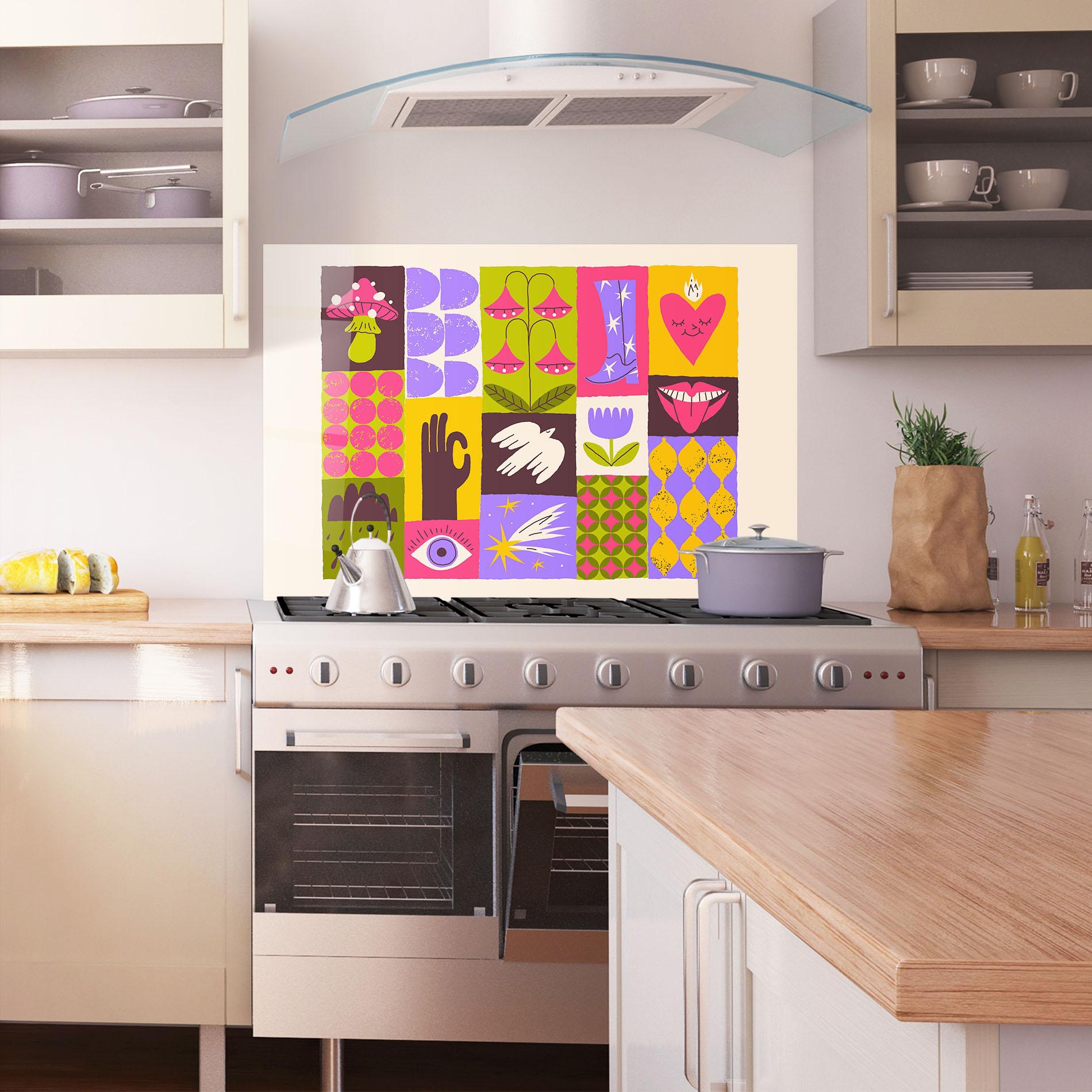 Panou Sticla Bucatarie Green Purple Collage mockup 1