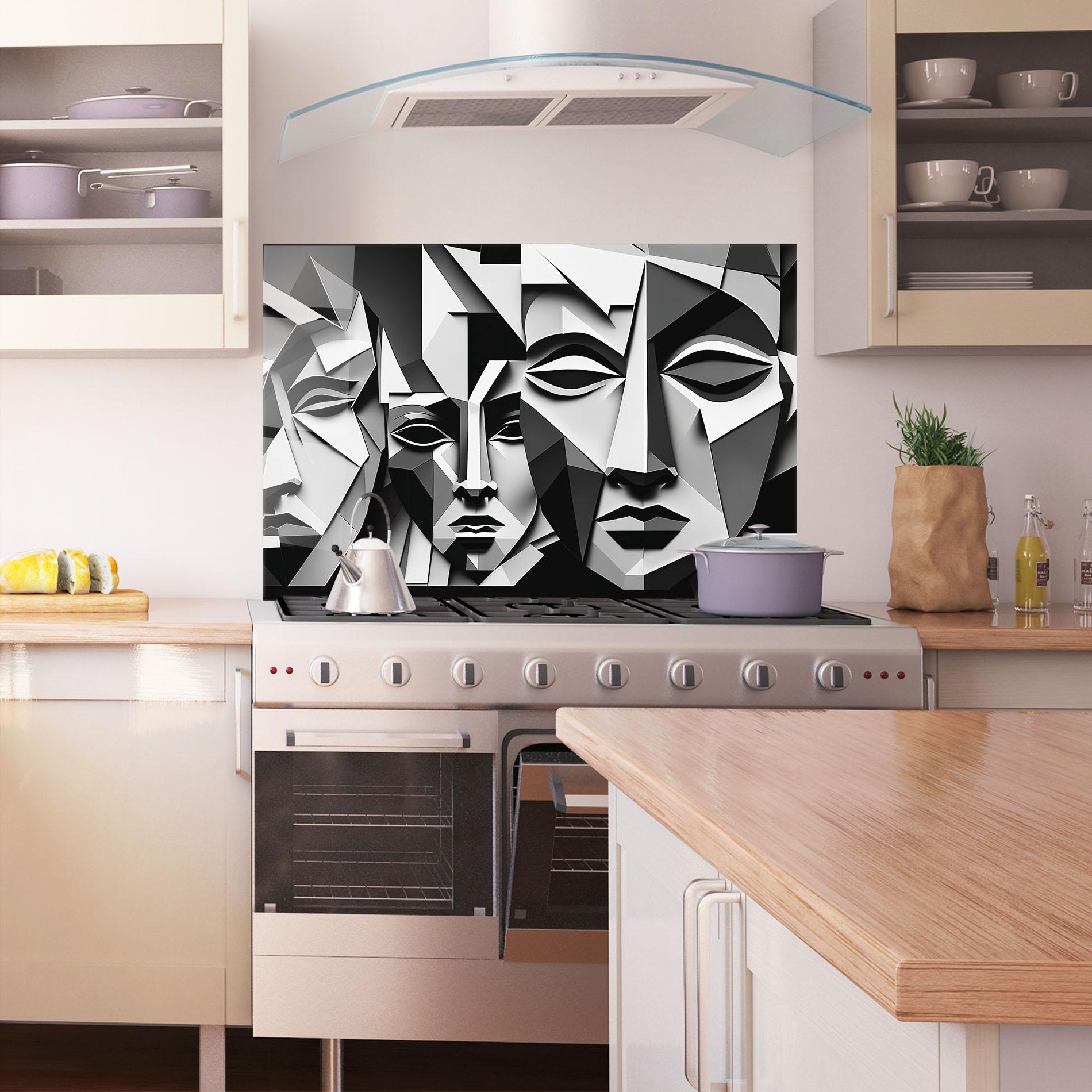 Panou Sticla Bucatarie Grey Faces Collage mockup 1