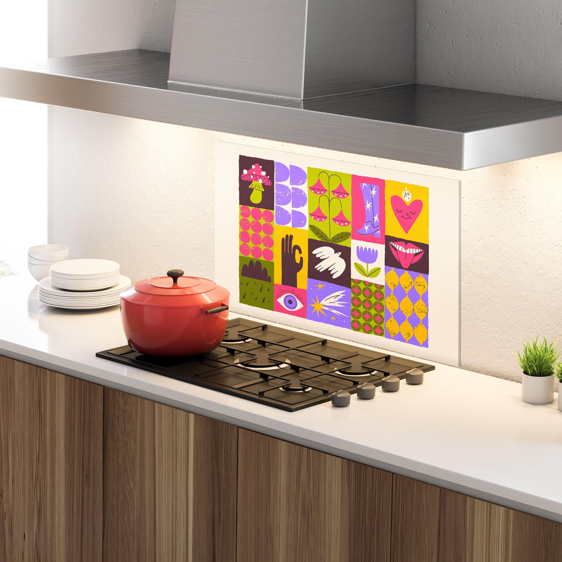 Panou Sticla Bucatarie Green Purple Collage mockup 4