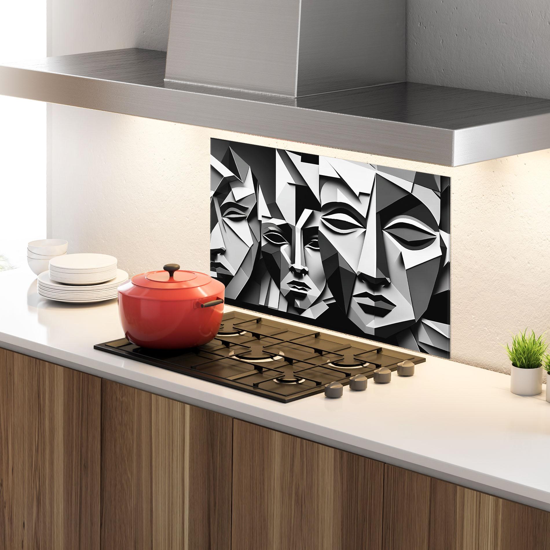 Panou Sticla Bucatarie Grey Faces Collage mockup 4