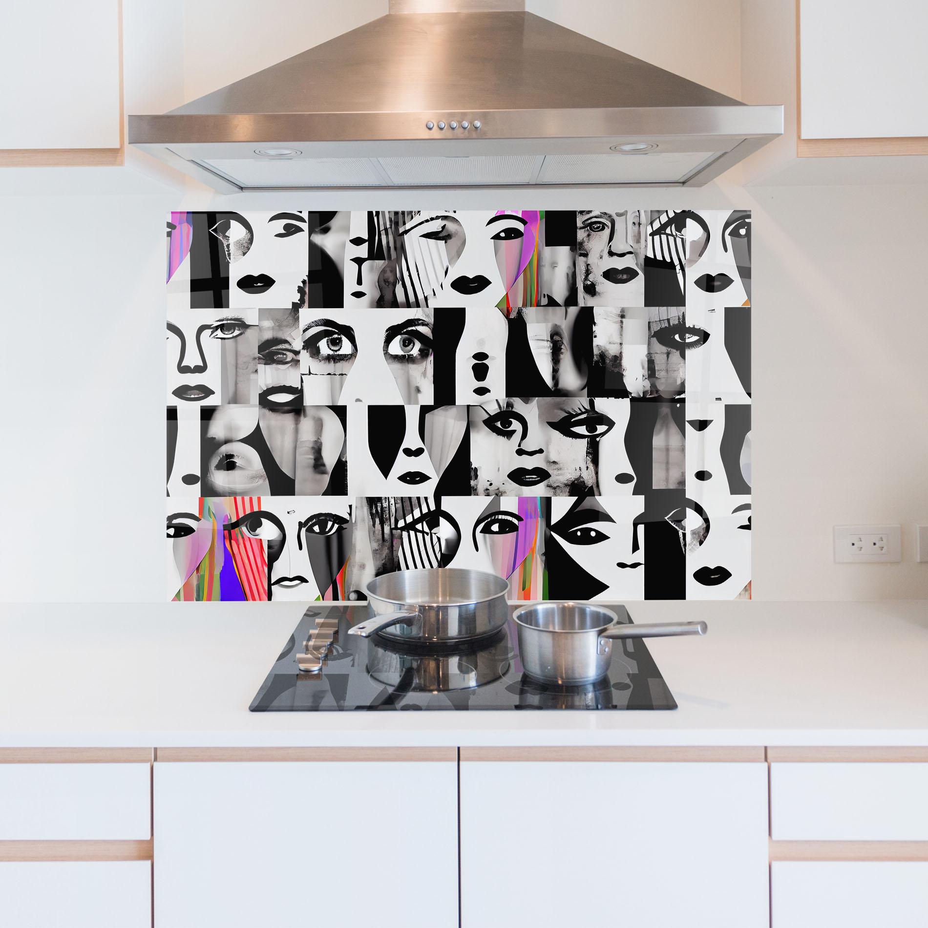 Panou Sticla Bucatarie Black White Face mockup 5