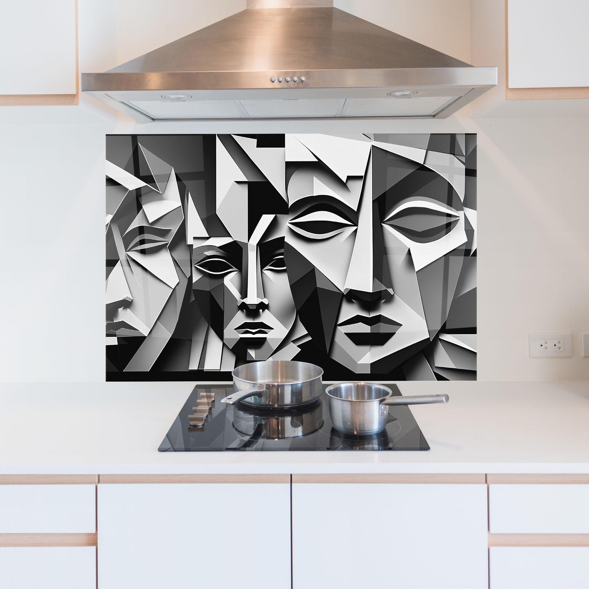 Panou Sticla Bucatarie Grey Faces Collage mockup 5