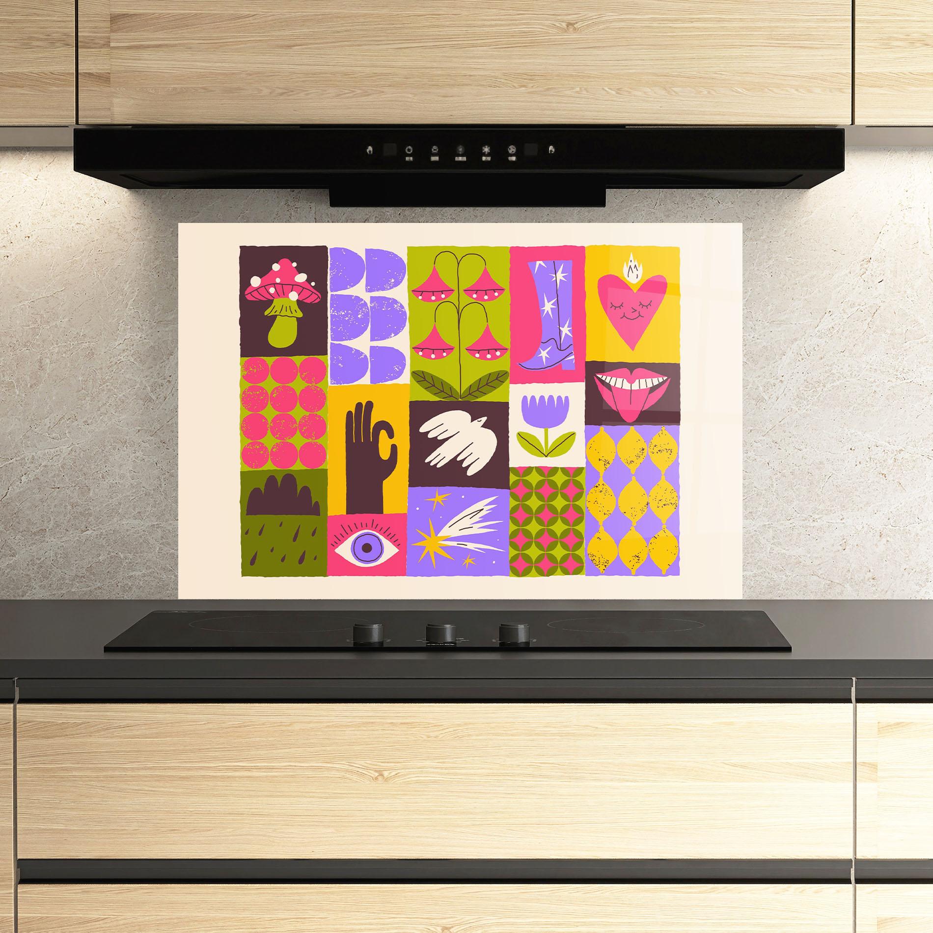 Panou Sticla Bucatarie Green Purple Collage mockup 3