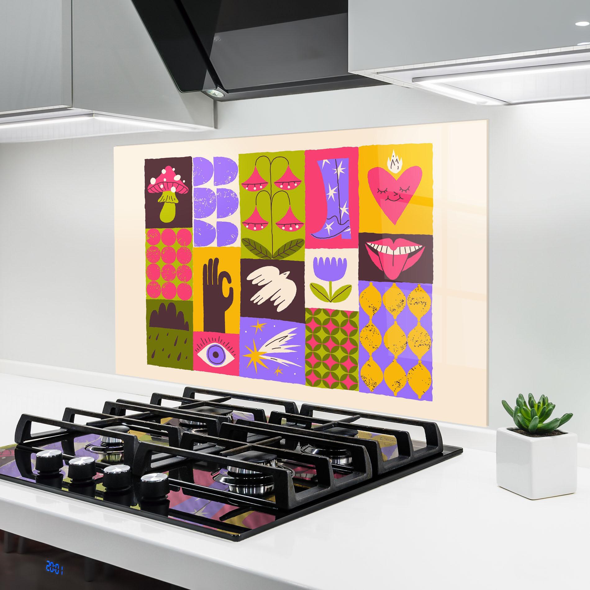 Panou Sticla Bucatarie Green Purple Collage mockup 6