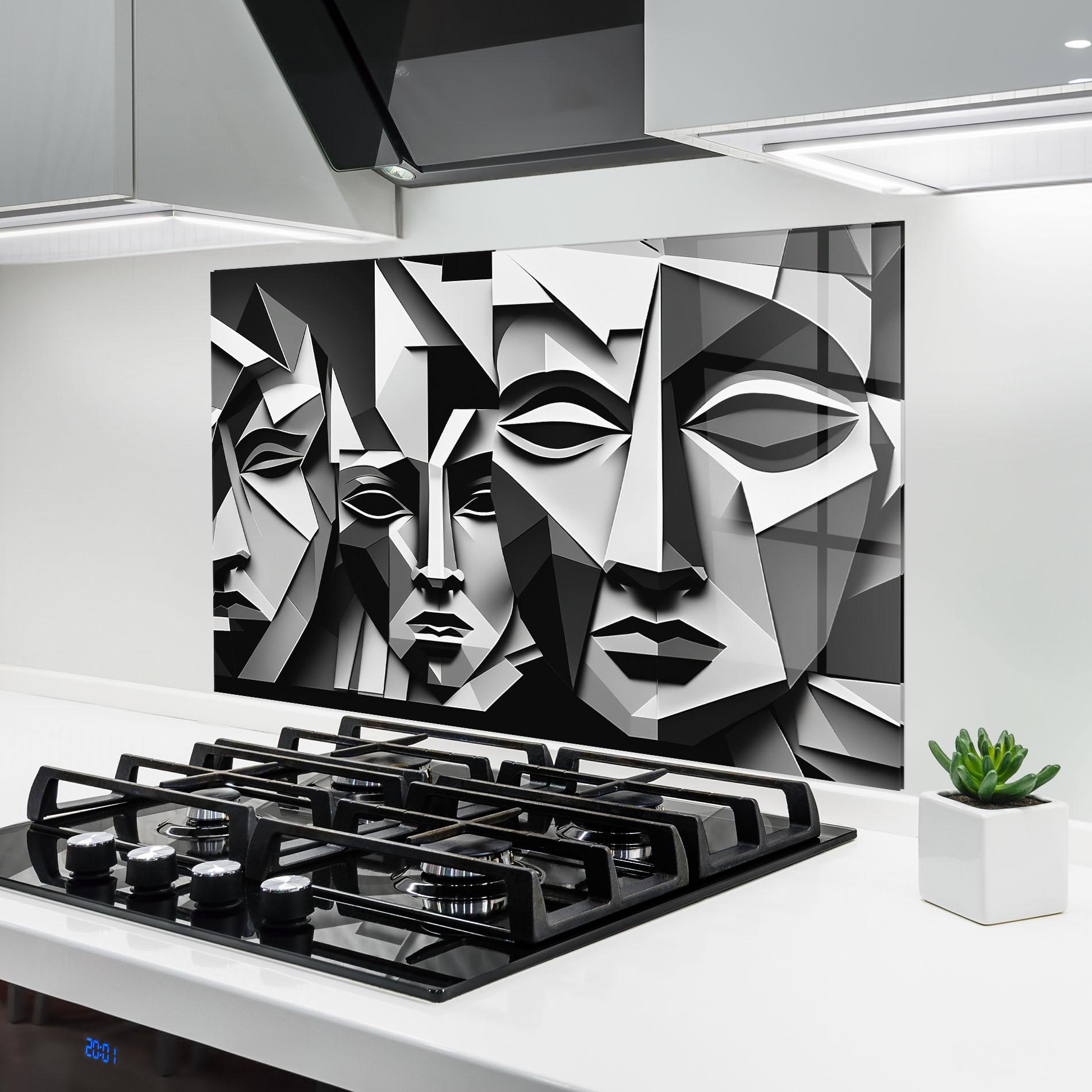 Panou Sticla Bucatarie Grey Faces Collage mockup 6