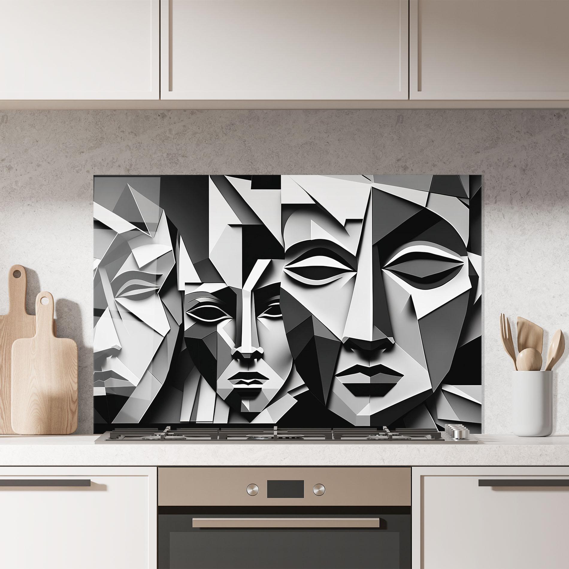 Panou Sticla Bucatarie Grey Faces Collage mockup 7