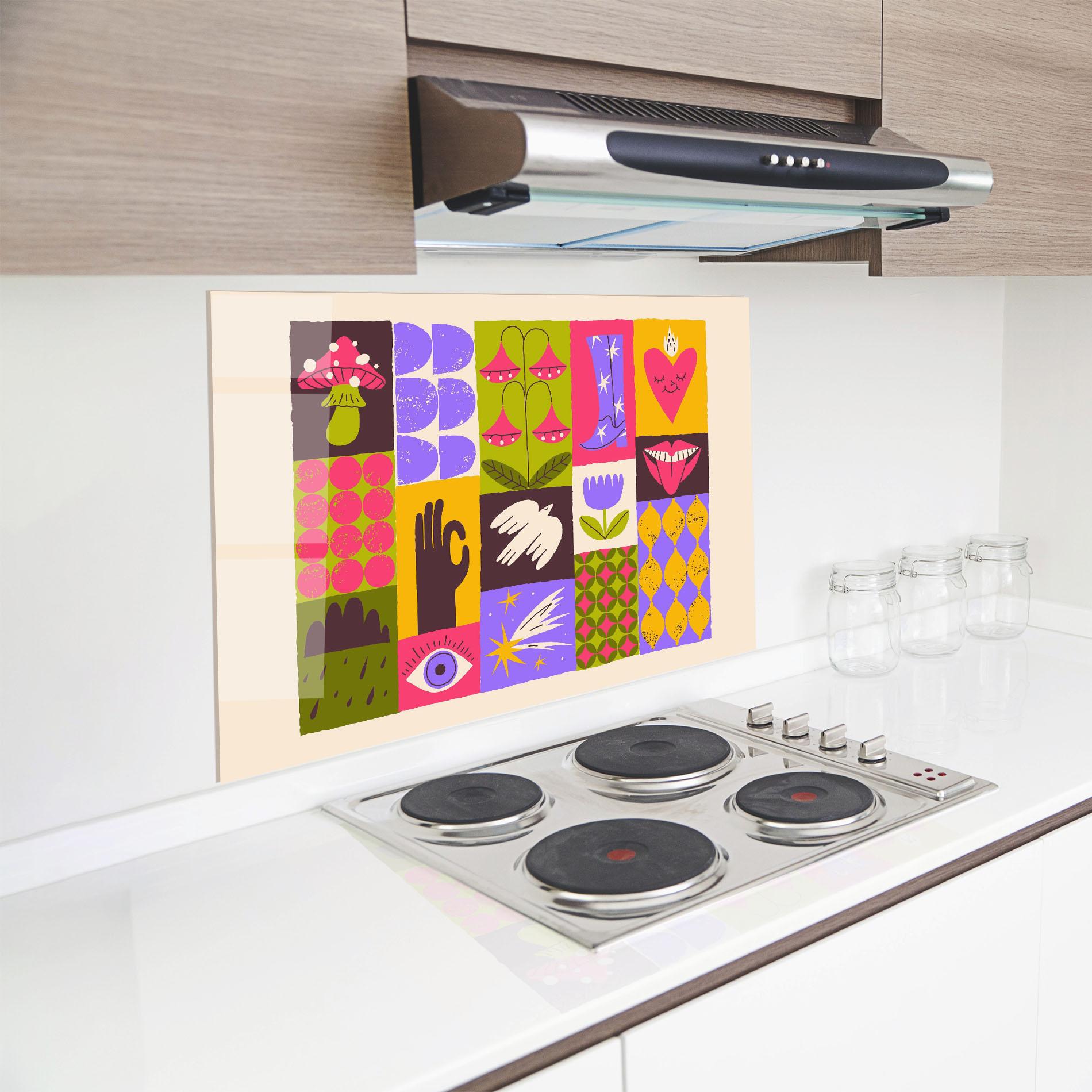 Panou Sticla Bucatarie Green Purple Collage mockup 8