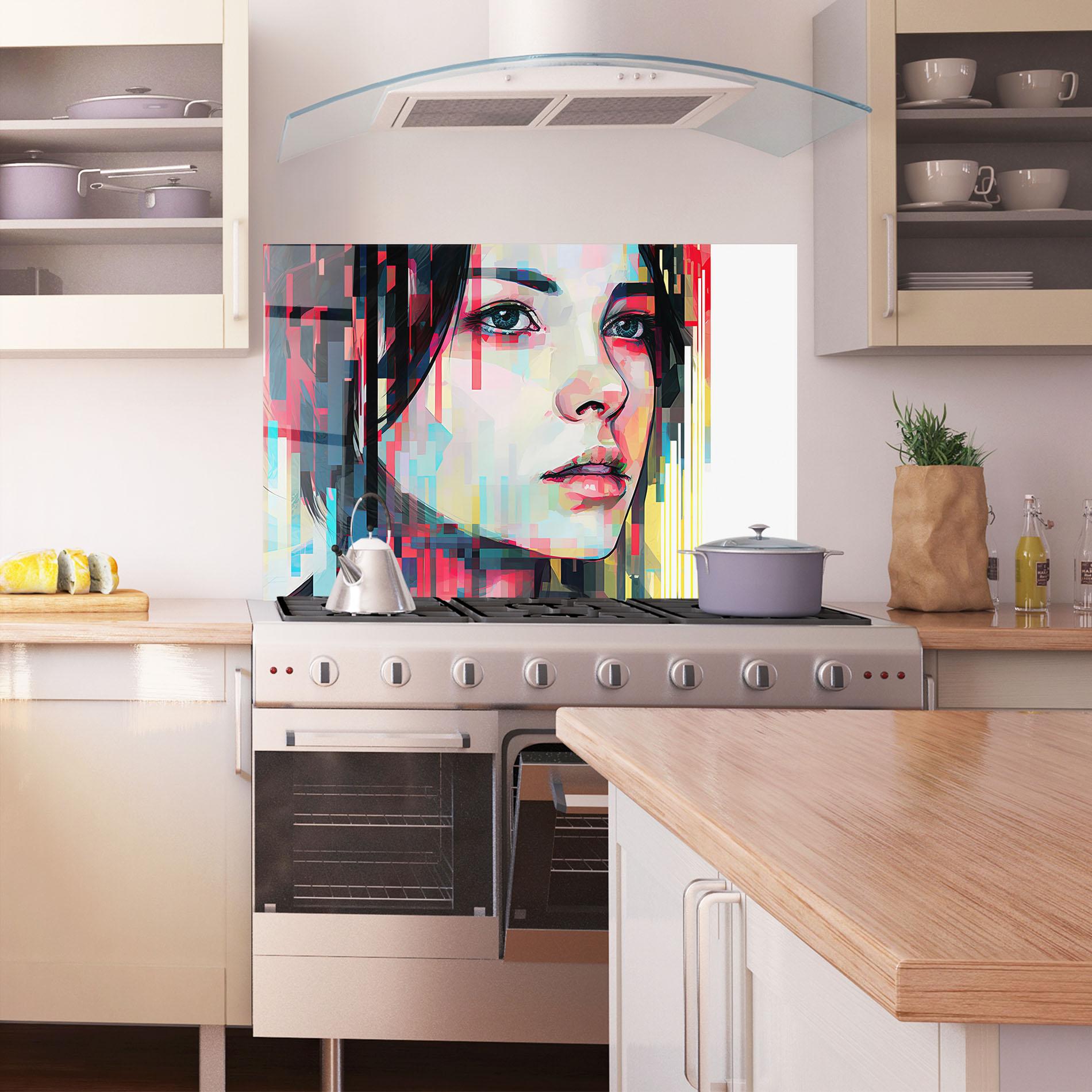 Panou Sticla Bucatarie Colorful Glitchy Girl mockup 1