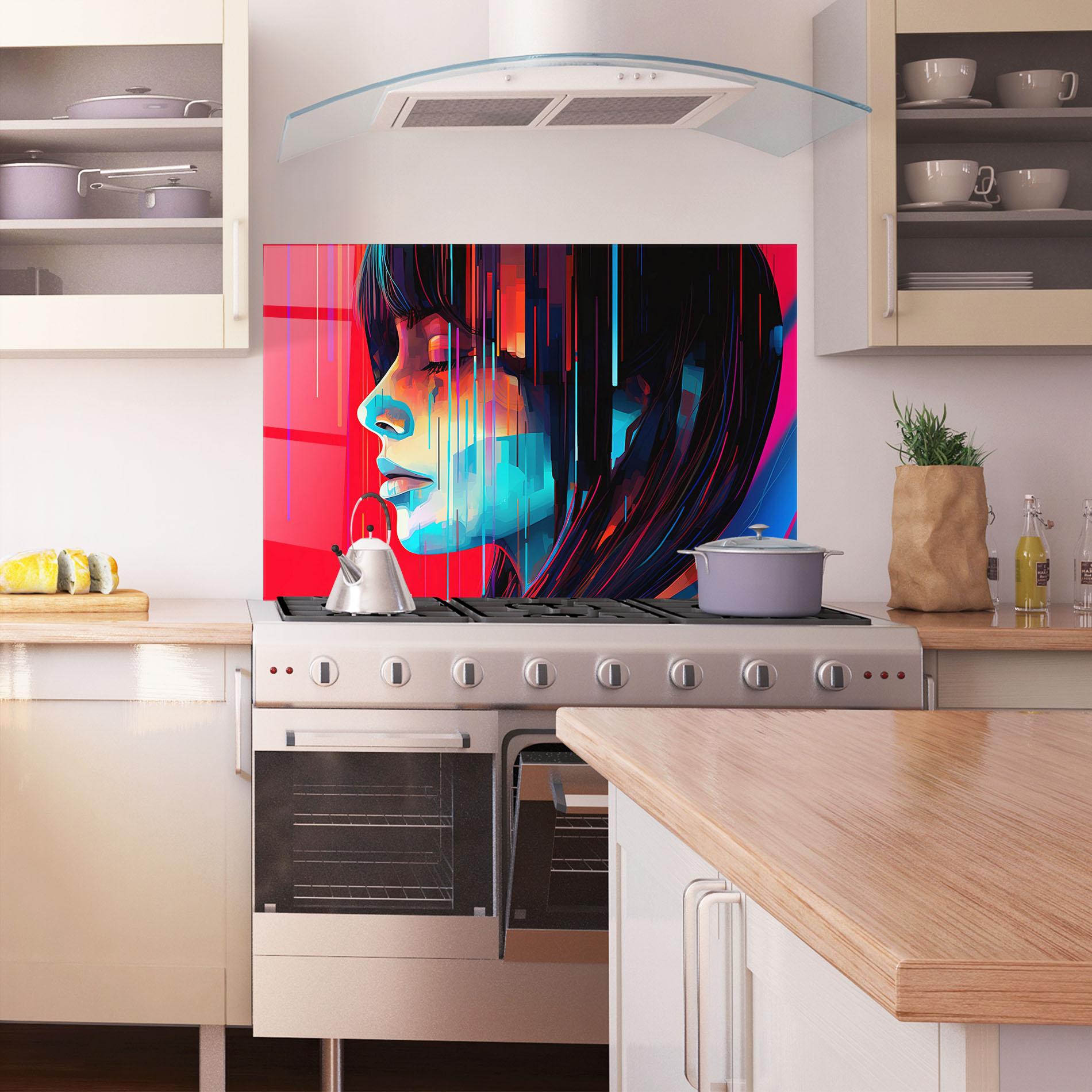 Panou Sticla Bucatarie Colorful Glitchy Portrait mockup 1