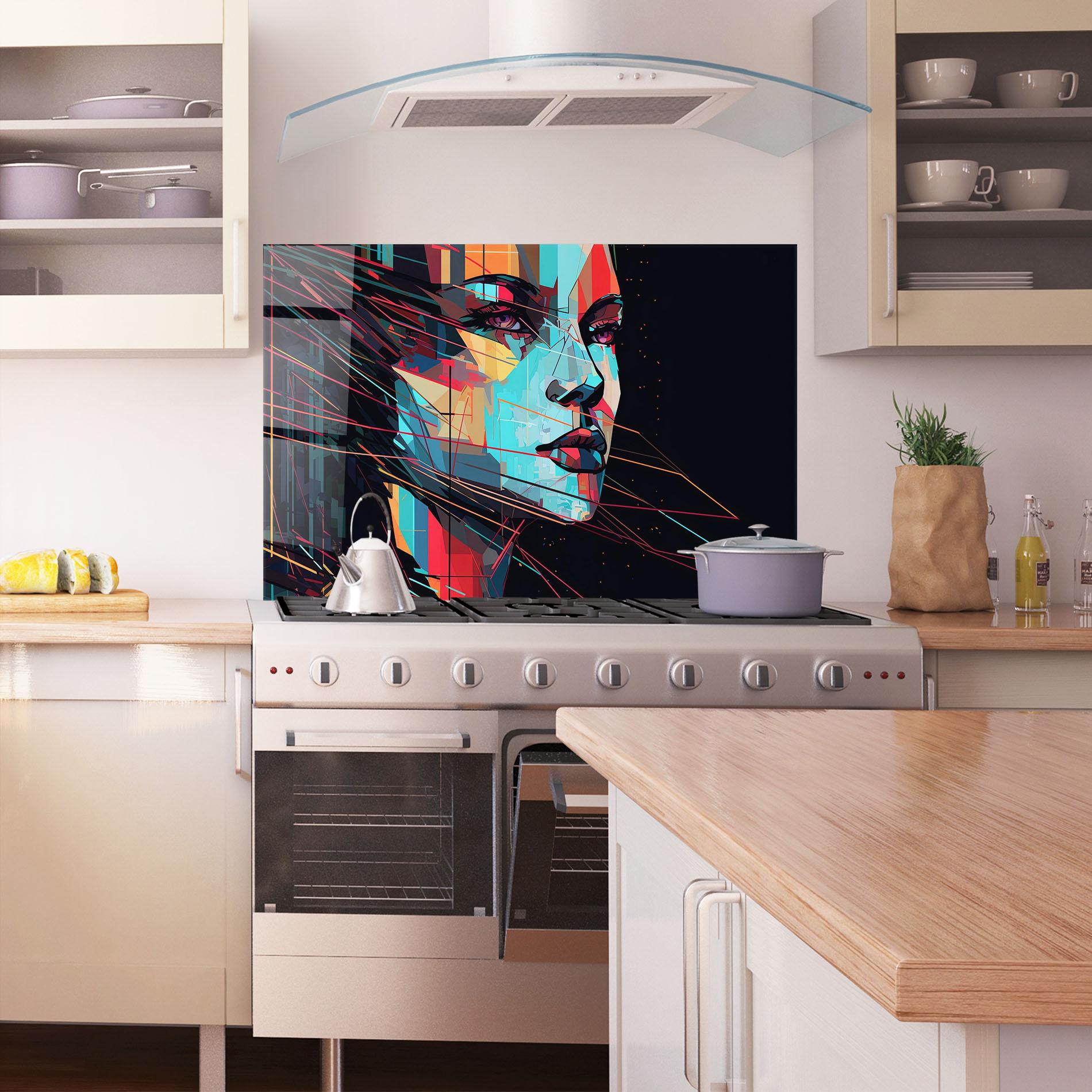 Panou Sticla Bucatarie Colorful Glitchy Woman mockup 1