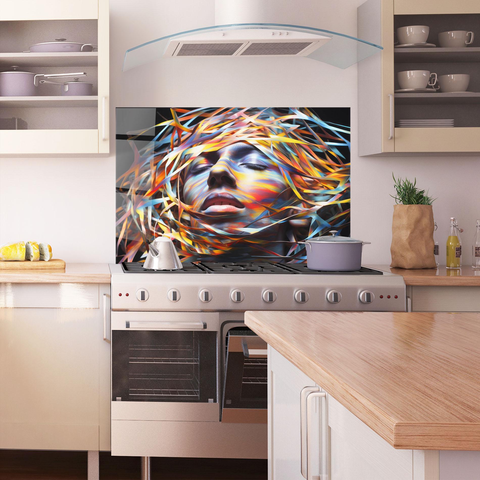 Panou Sticla Bucatarie Colorful Ribbons Hair mockup 1