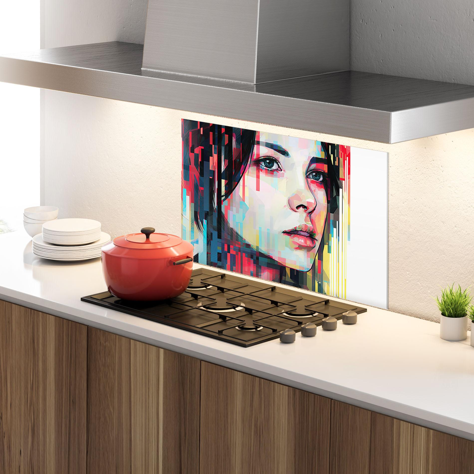 Panou Sticla Bucatarie Colorful Glitchy Girl mockup 4