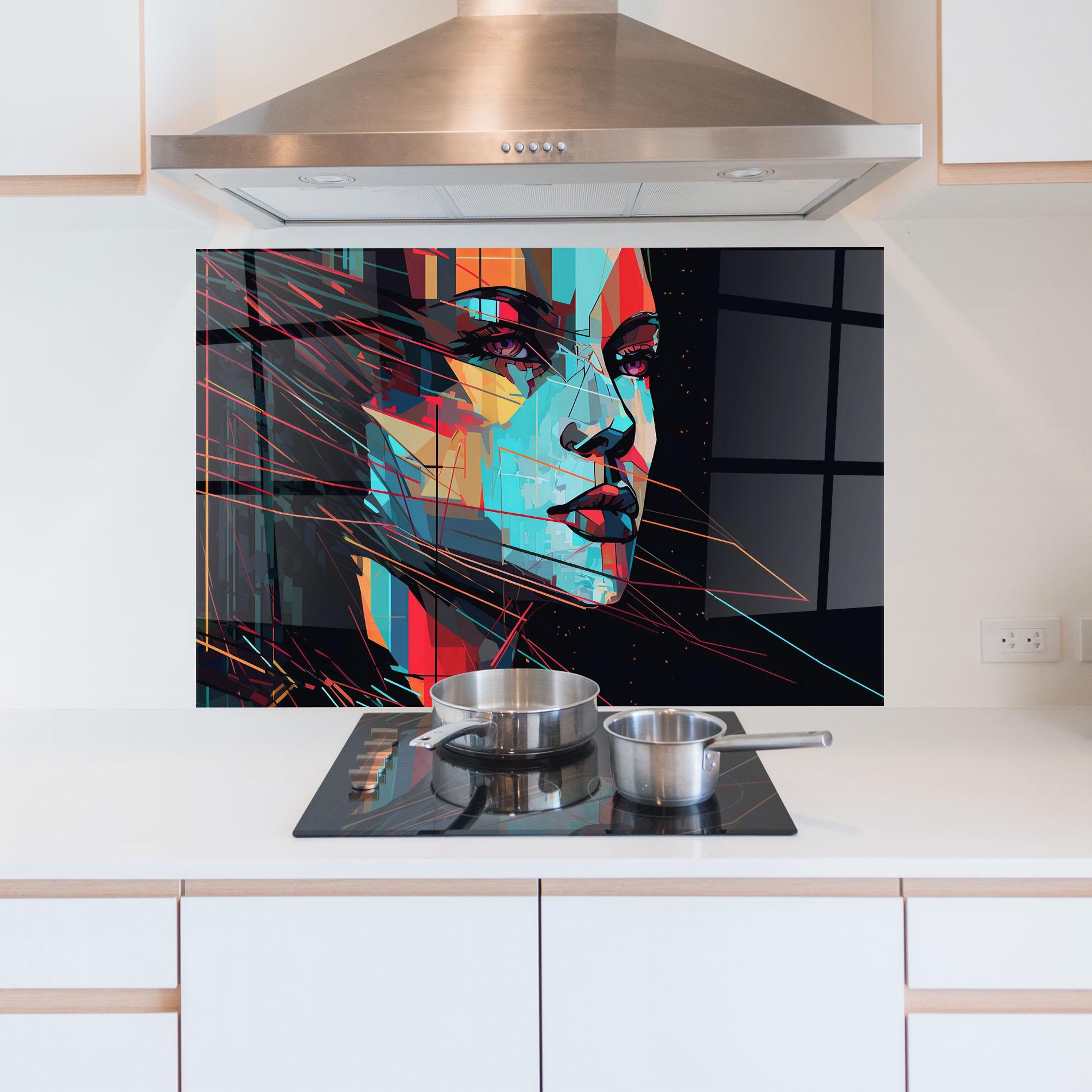Panou Sticla Bucatarie Colorful Glitchy Woman mockup 5