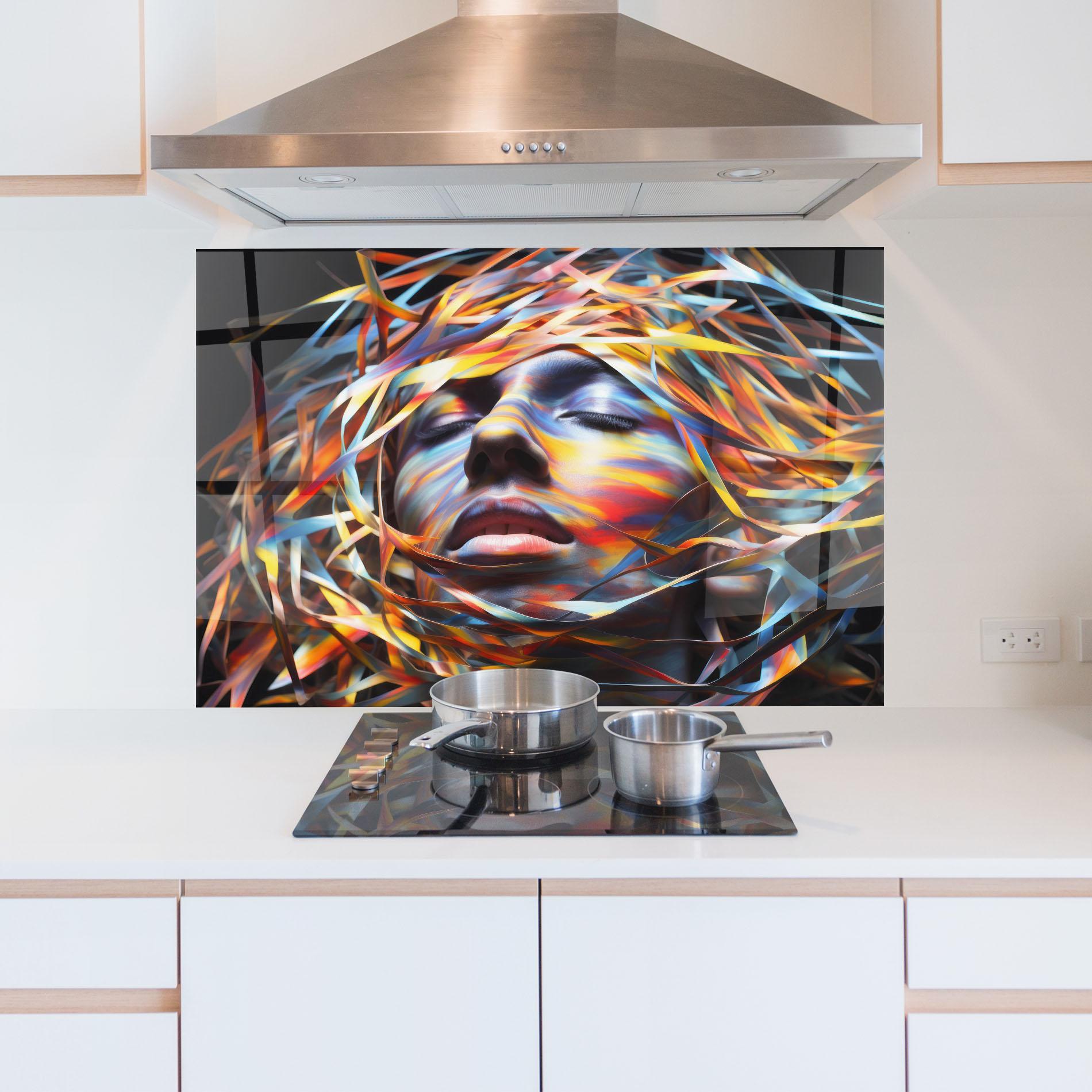 Panou Sticla Bucatarie Colorful Ribbons Hair mockup 5