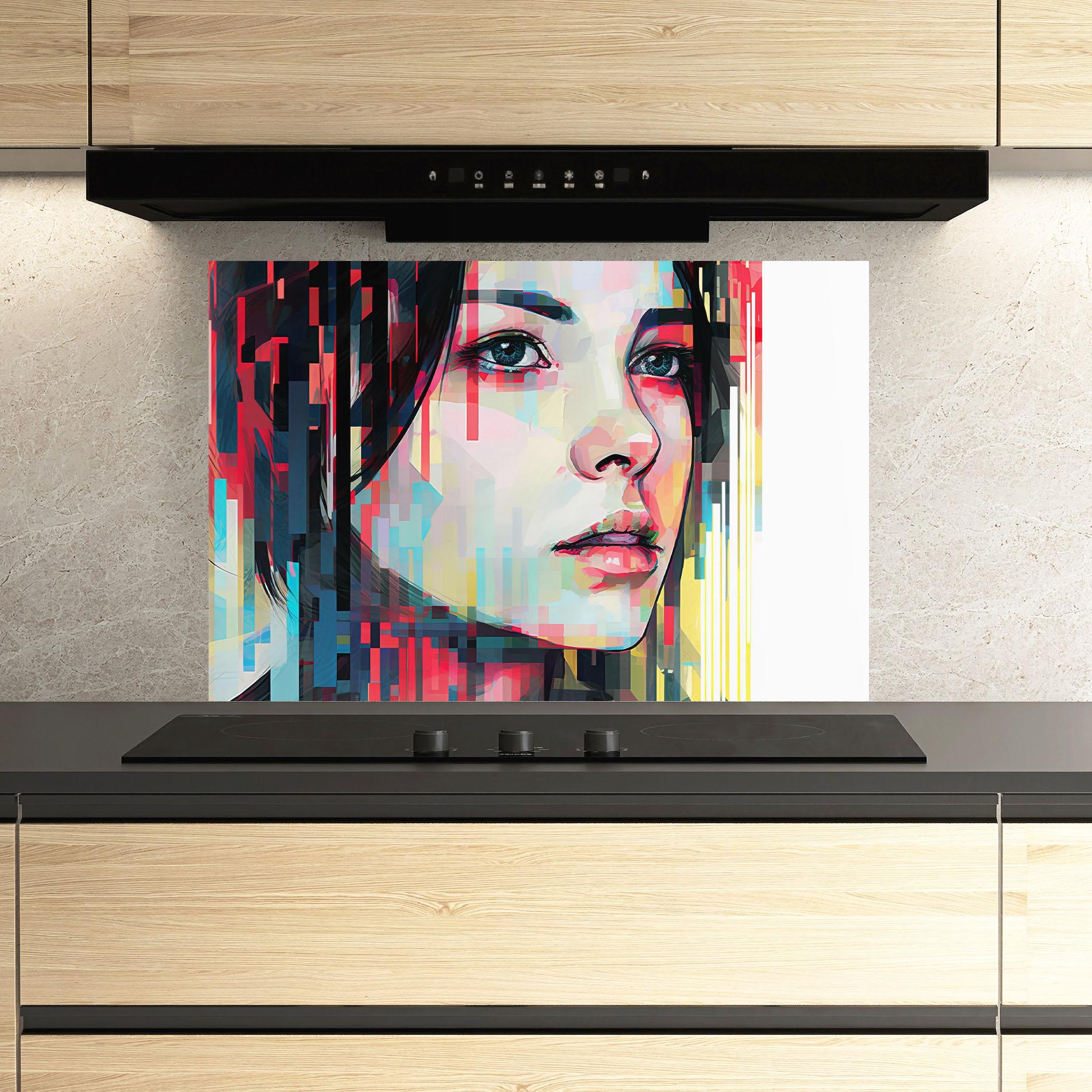 Panou Sticla Bucatarie Colorful Glitchy Girl mockup 3