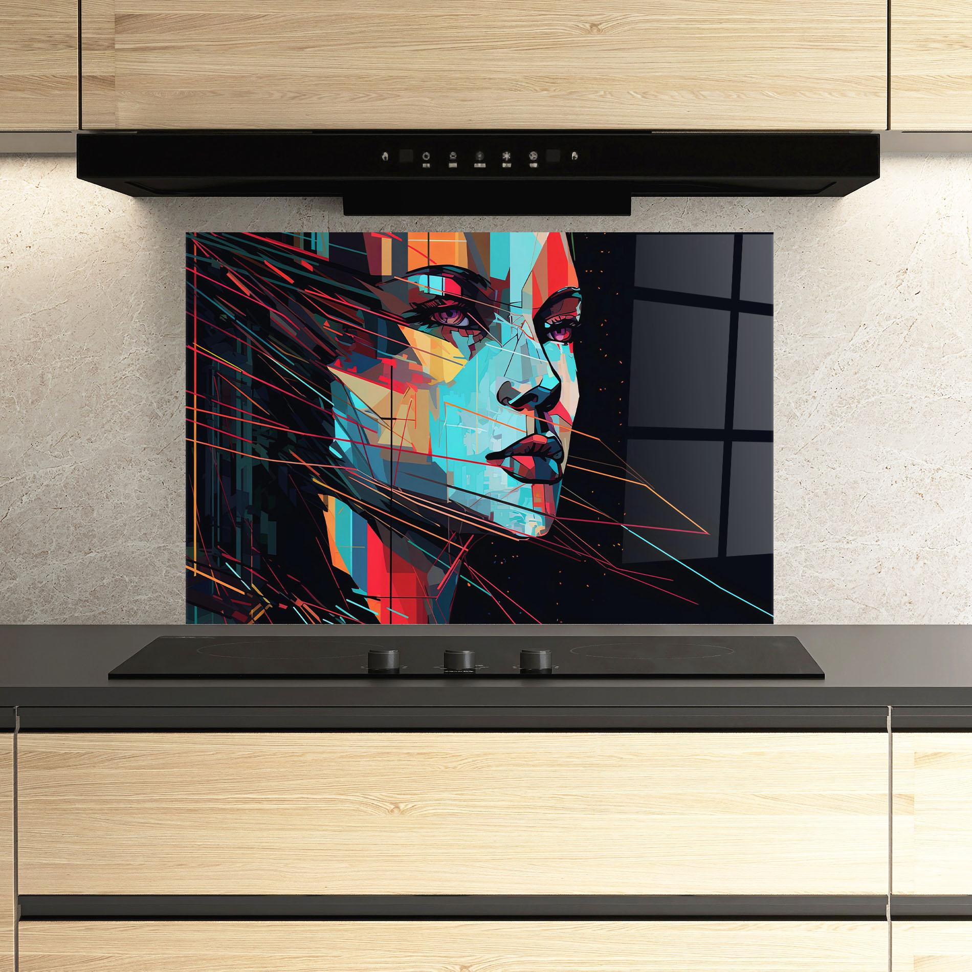 Panou Sticla Bucatarie Colorful Glitchy Woman mockup 3