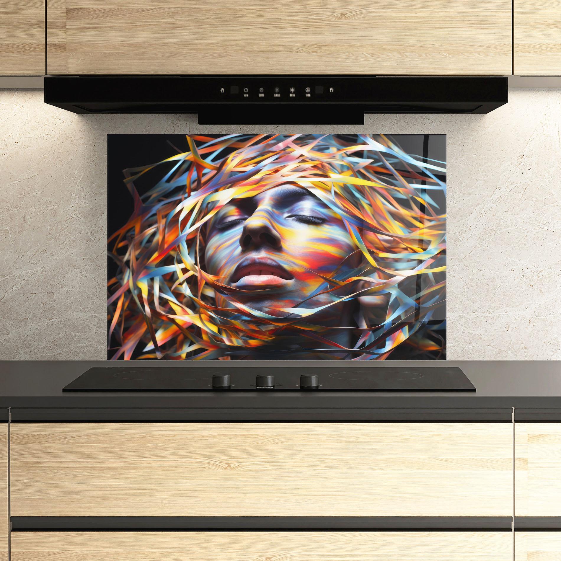 Panou Sticla Bucatarie Colorful Ribbons Hair mockup 3