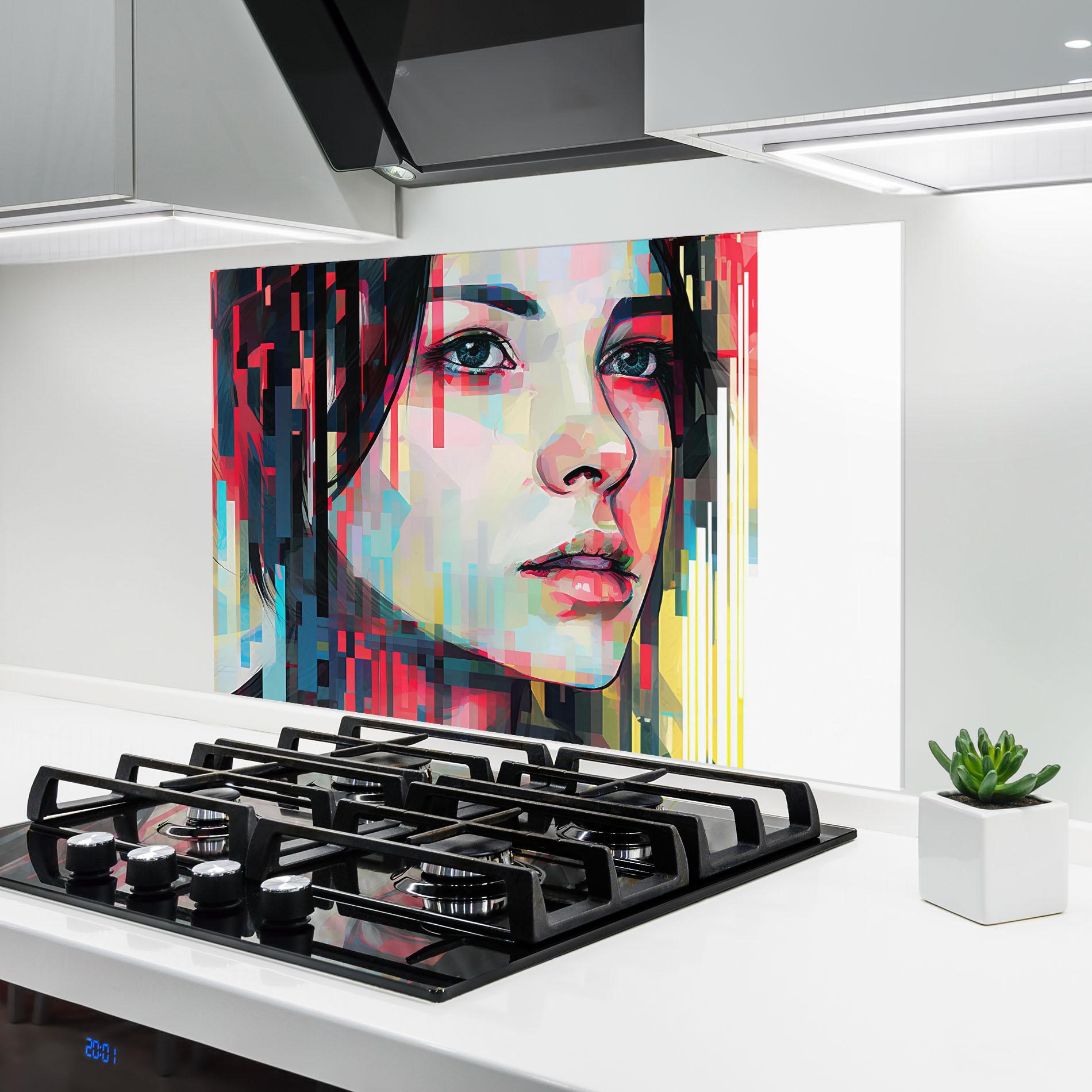 Panou Sticla Bucatarie Colorful Glitchy Girl mockup 6