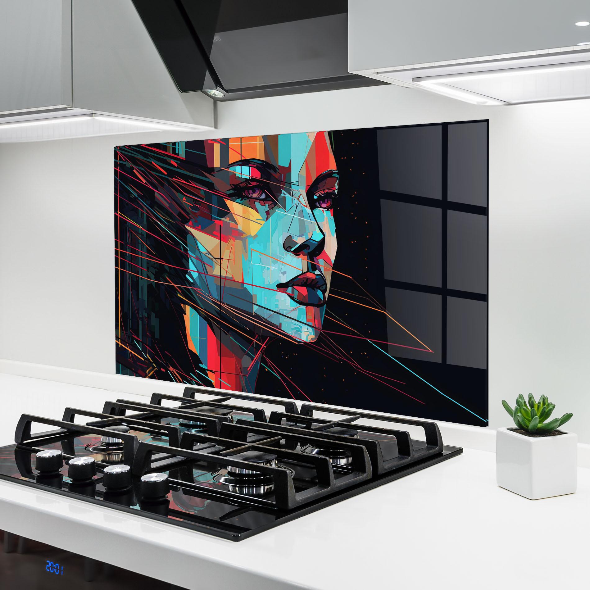 Panou Sticla Bucatarie Colorful Glitchy Woman mockup 6
