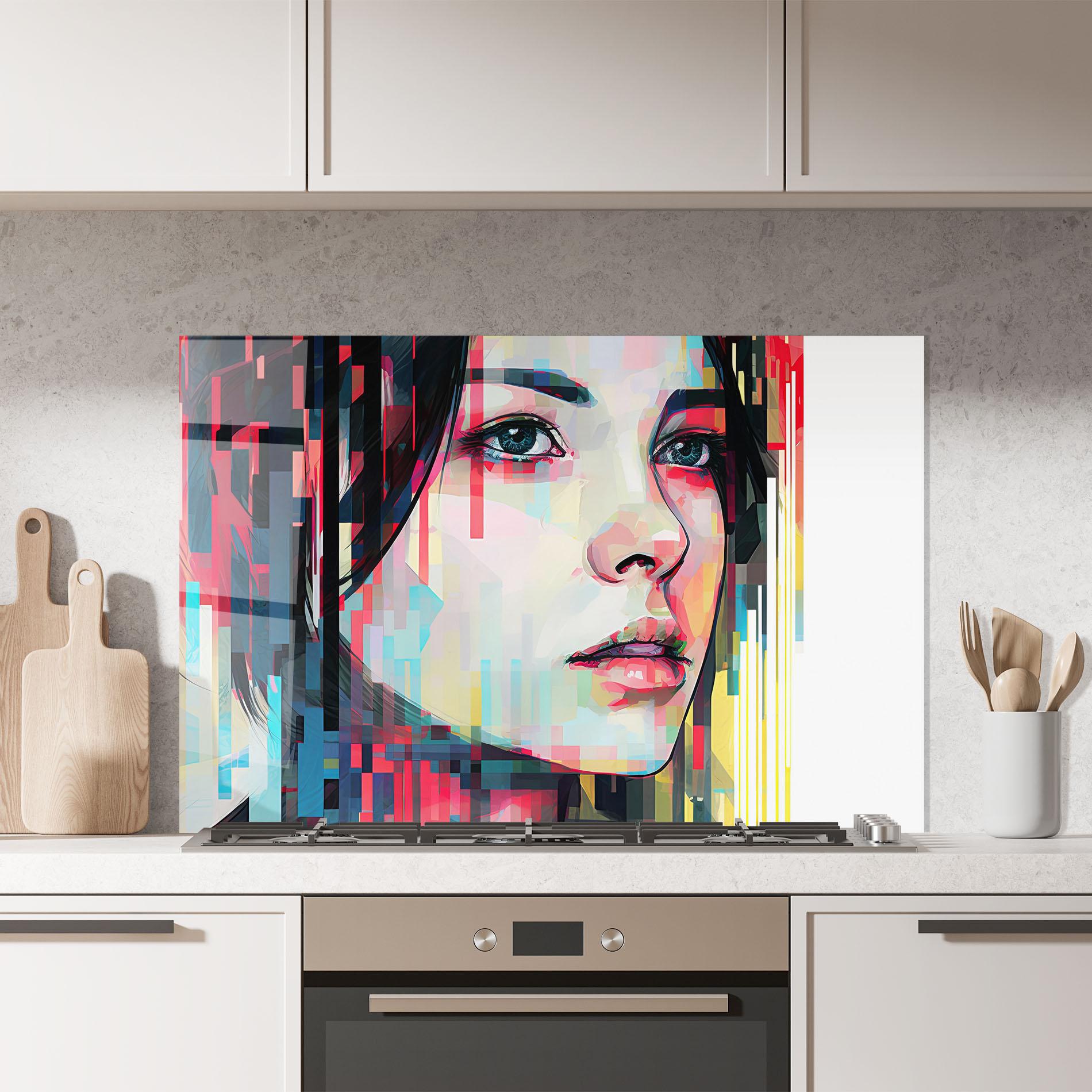 Panou Sticla Bucatarie Colorful Glitchy Girl mockup 7