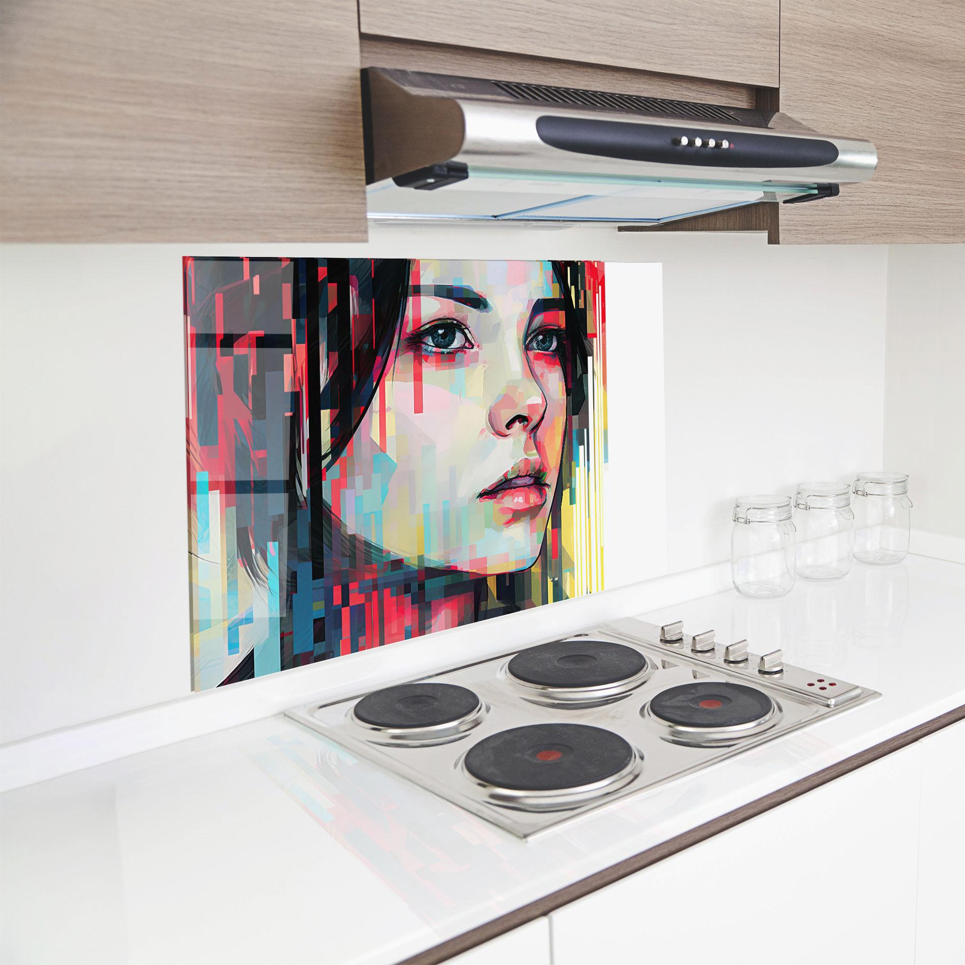 Panou Sticla Bucatarie Colorful Glitchy Girl mockup 8