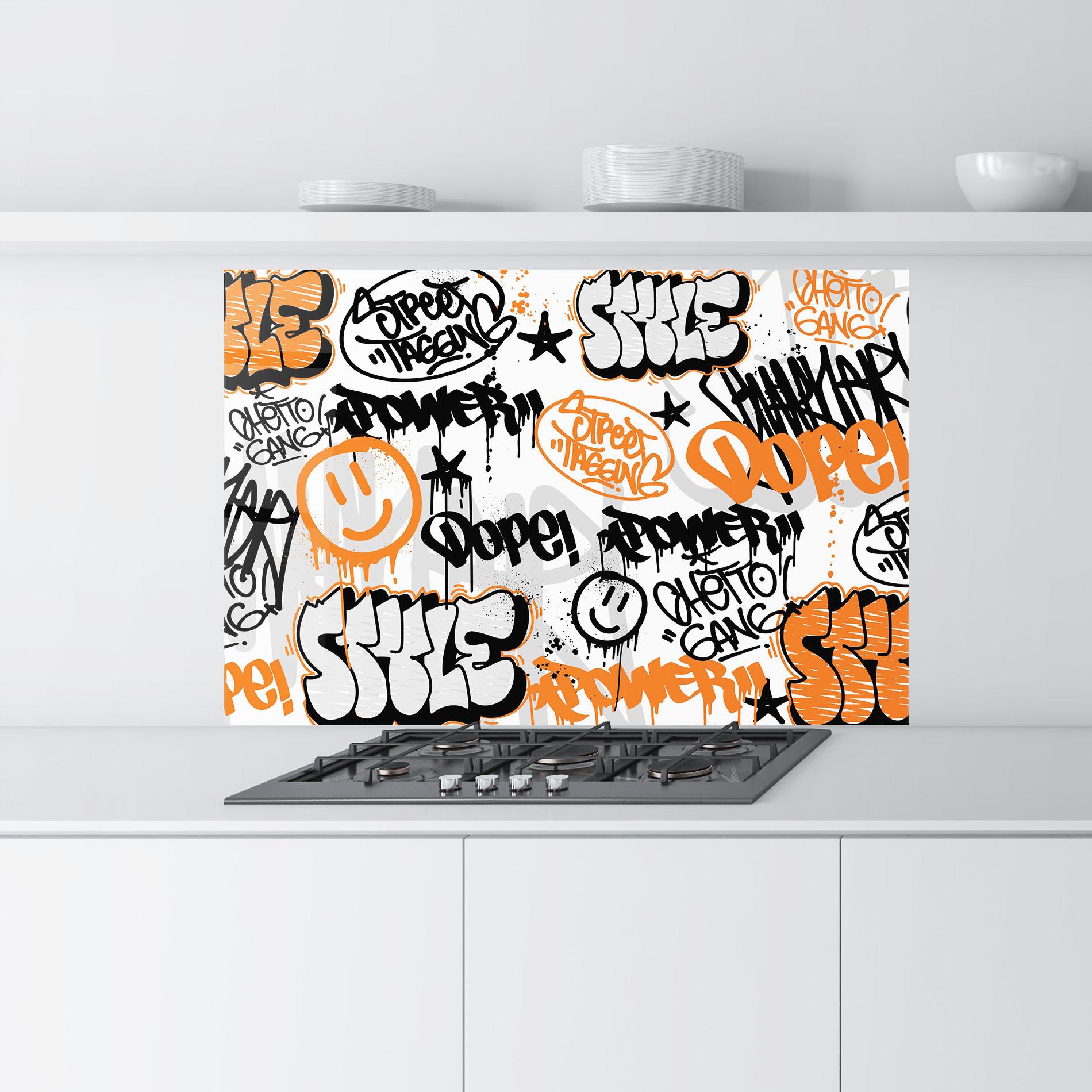 Panou Sticla Bucatarie Black Orange Graffiti mockup 9