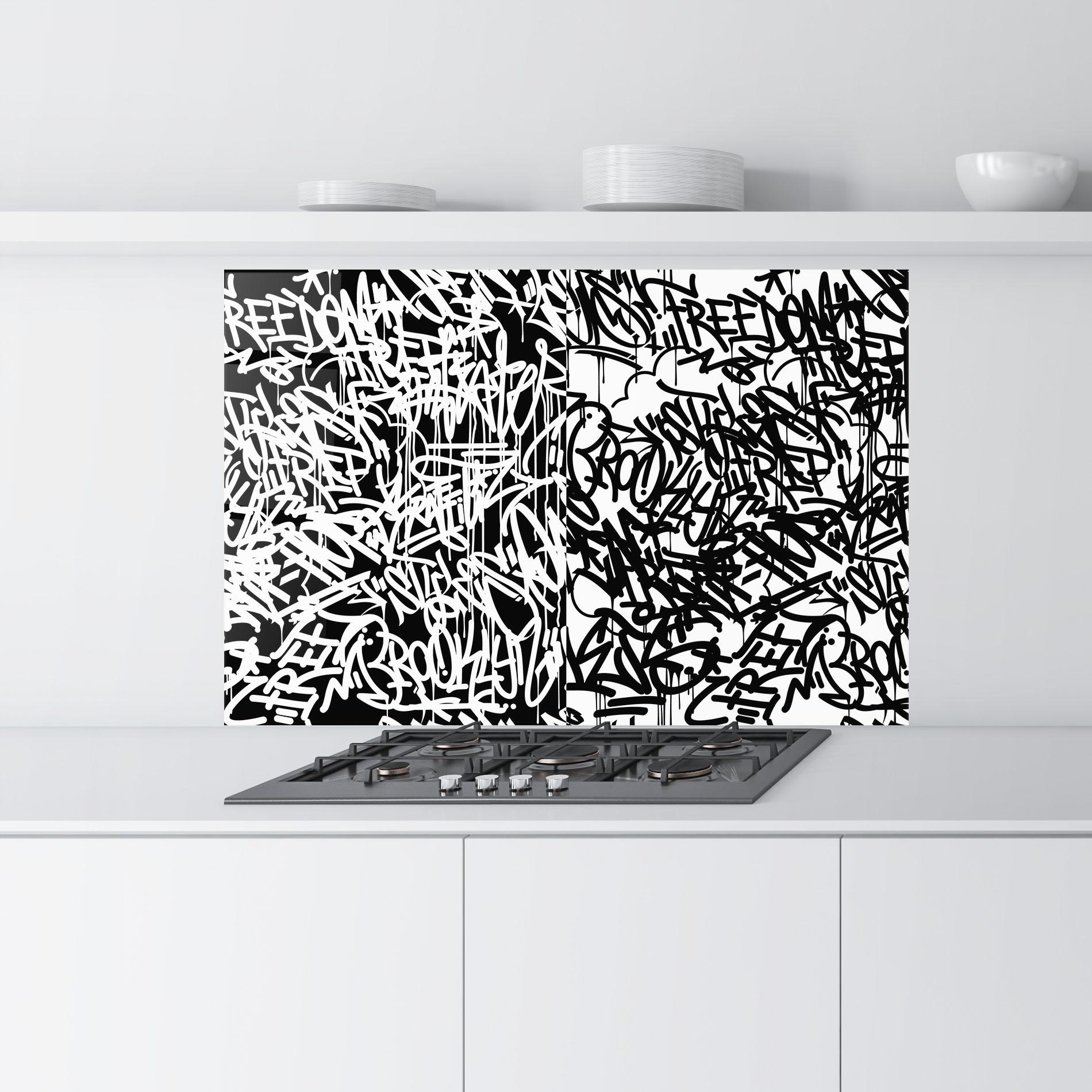 Panou Sticla Bucatarie Black White Graffiti mockup 9