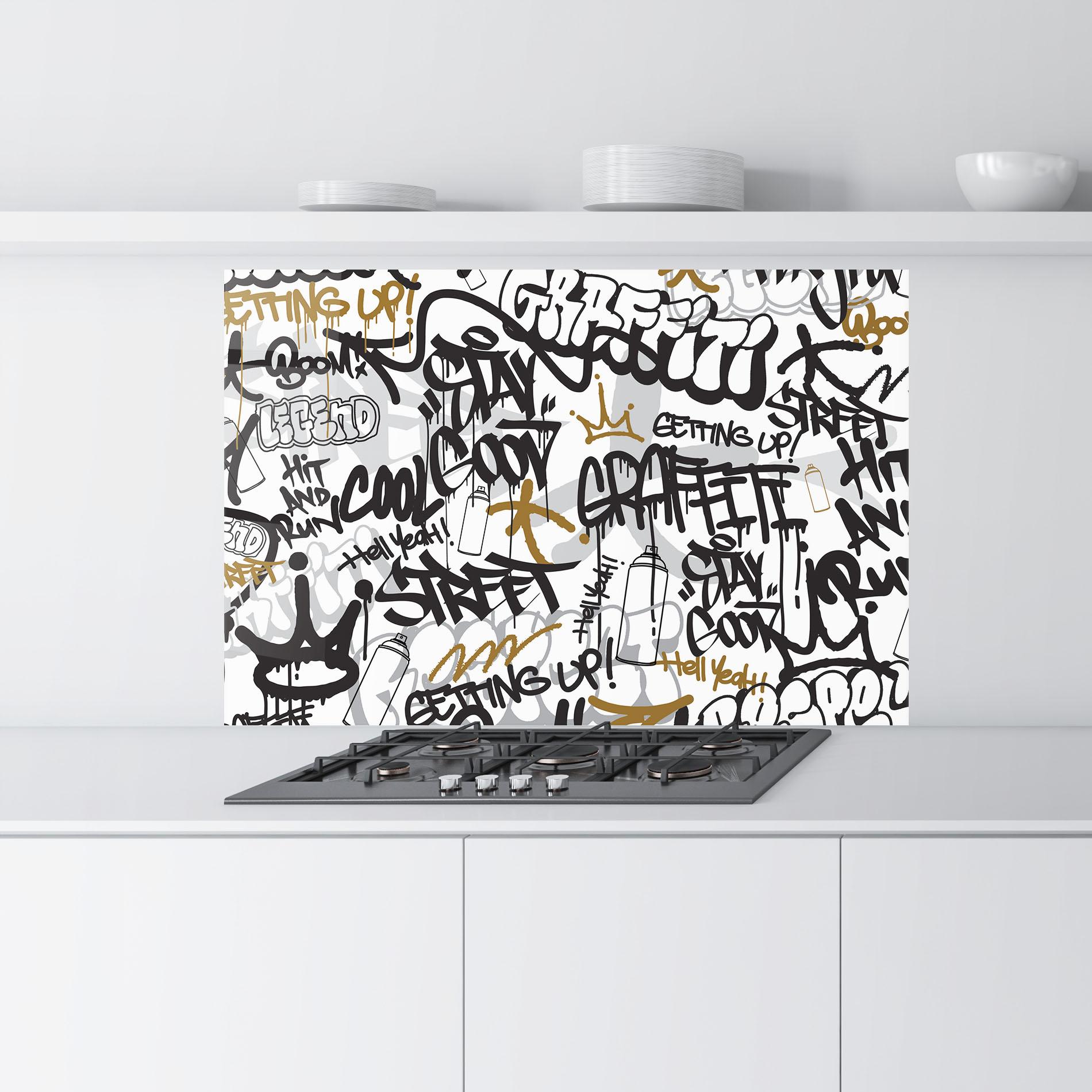 Panou Sticla Bucatarie Black Yellow Graffiti mockup 9