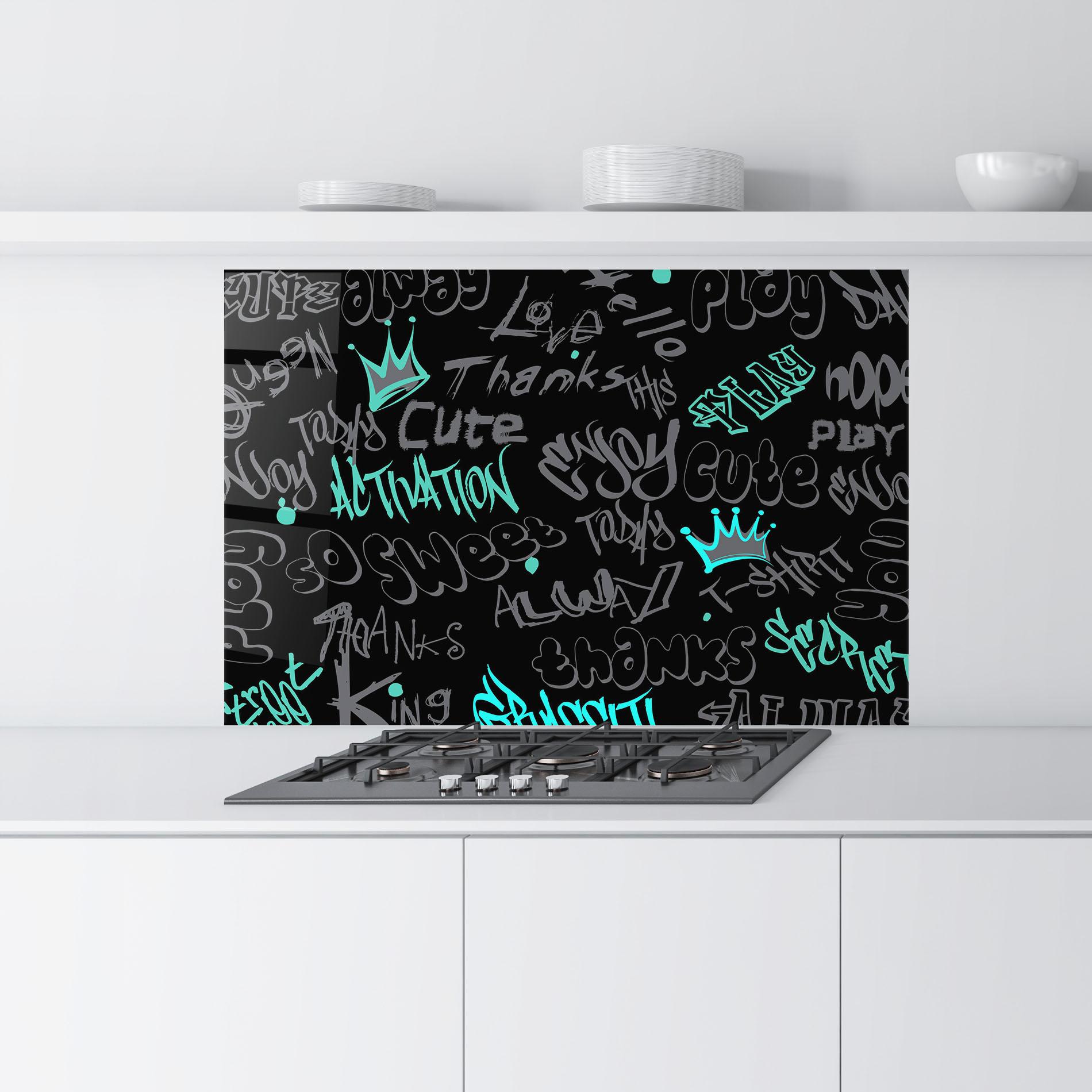 Panou Sticla Bucatarie Blue Grey Graffiti mockup 9