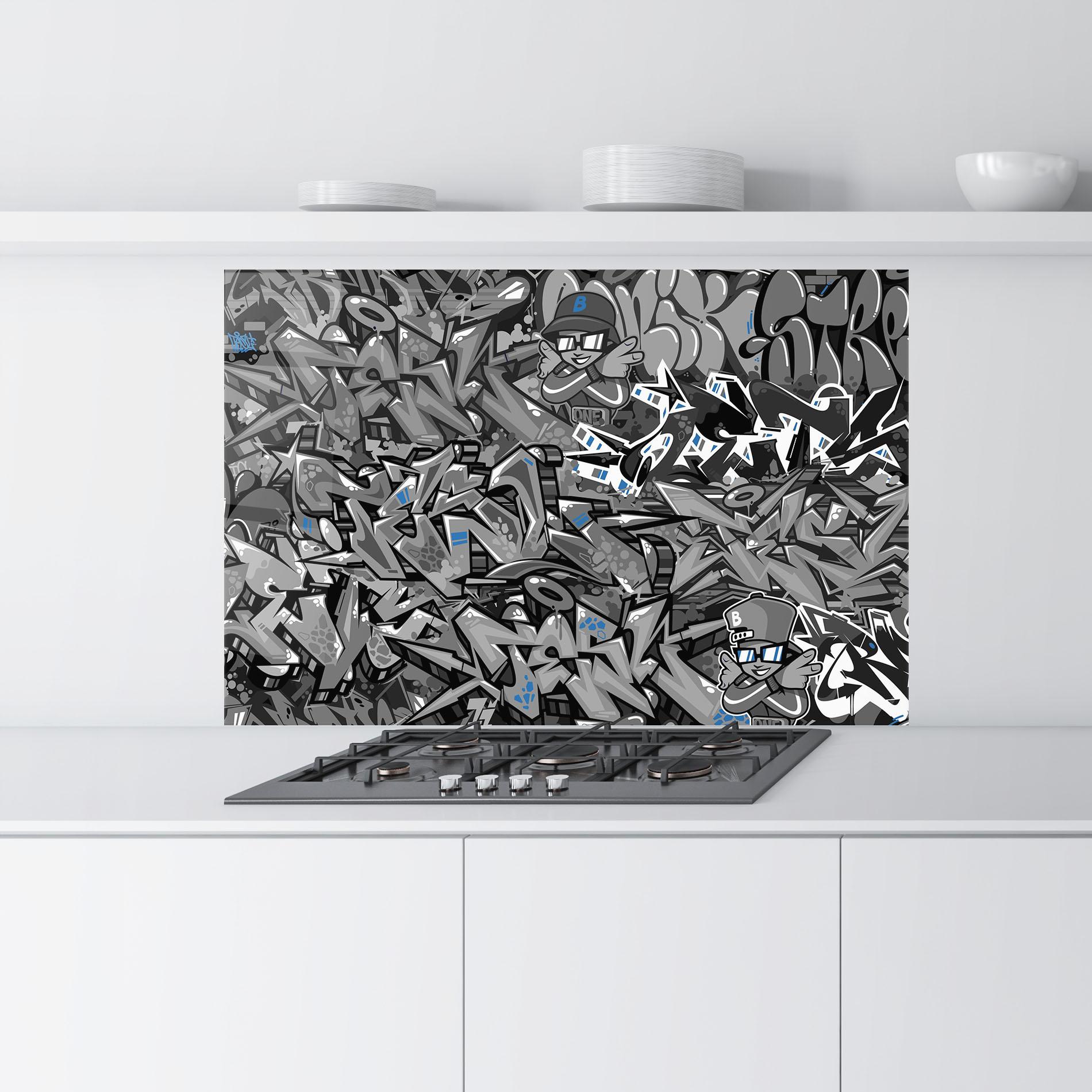 Panou Sticla Bucatarie Grey Blue Graffiti mockup 9