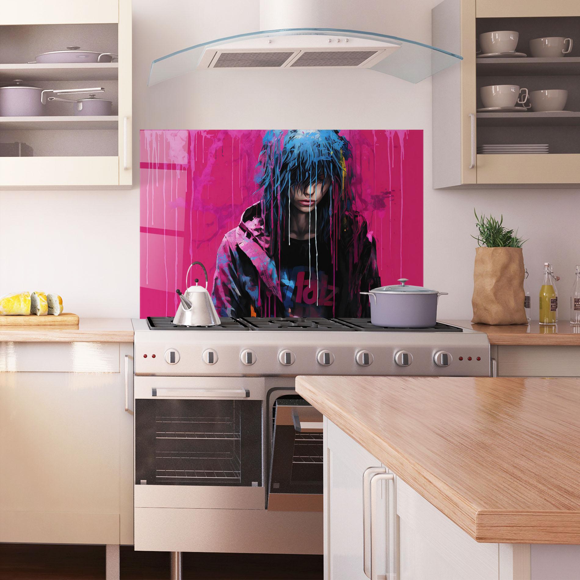 Panou Sticla Bucatarie Blue Pink Falling Paint mockup 1