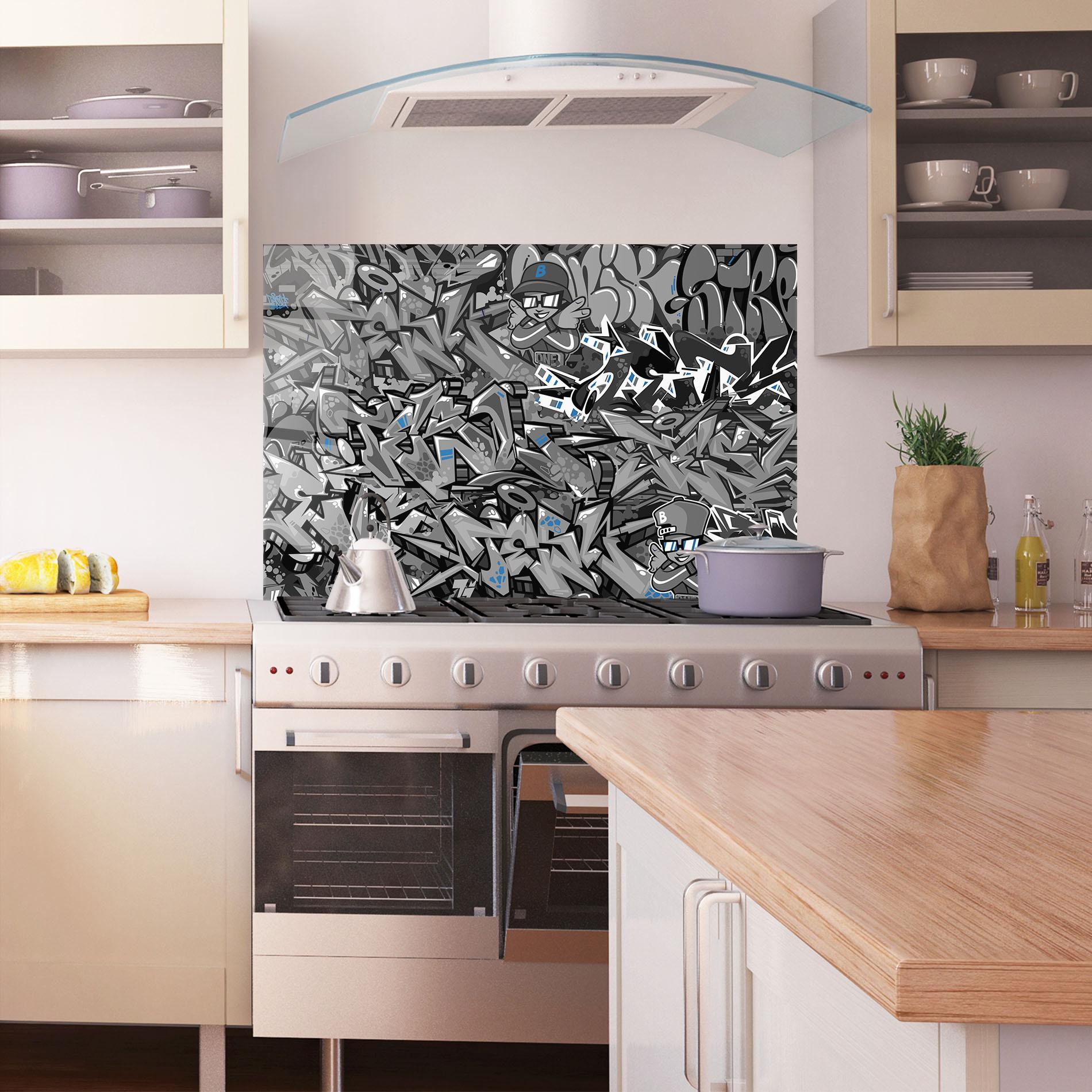 Panou Sticla Bucatarie Grey Blue Graffiti mockup 1