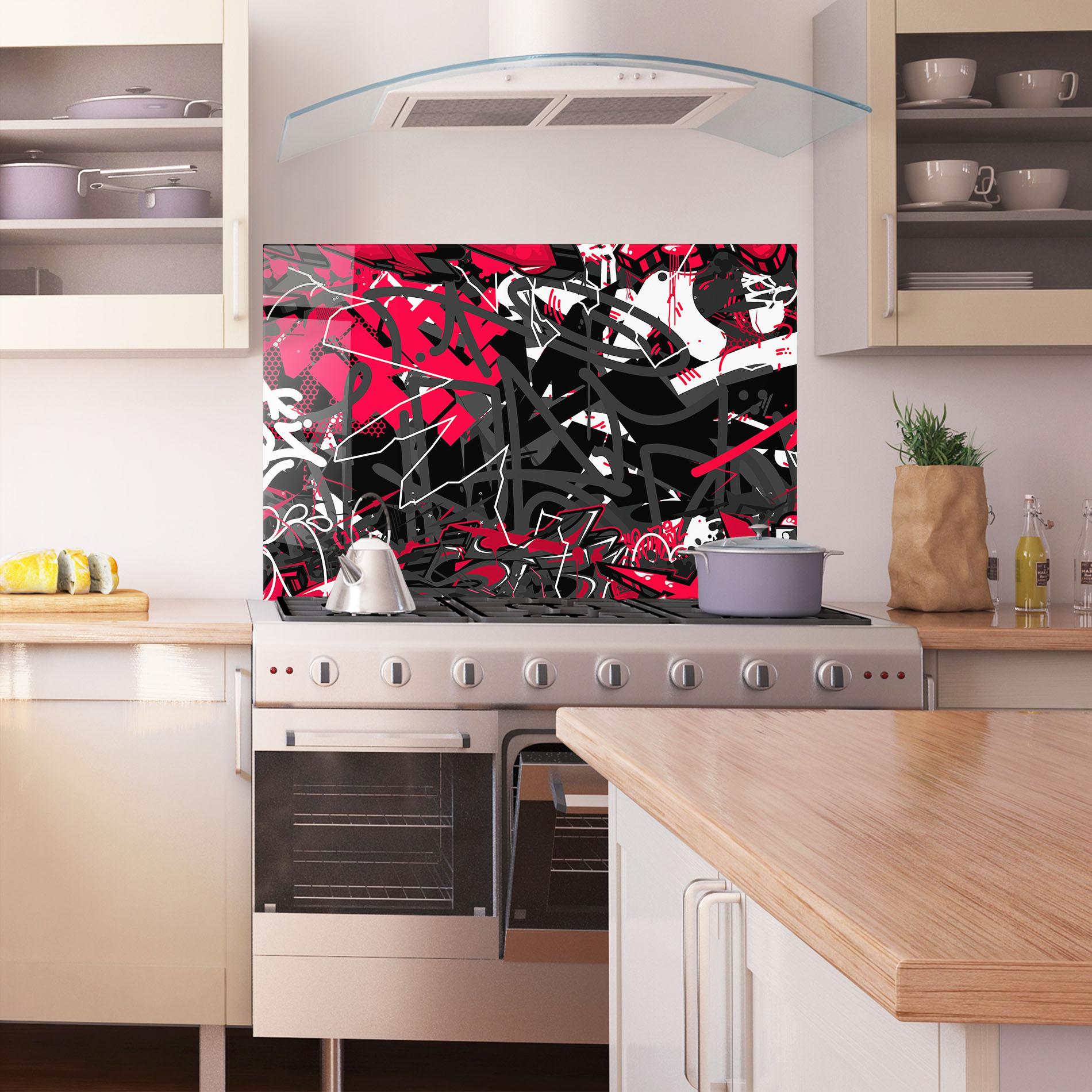 Panou Sticla Bucatarie Grey Red Graffiti mockup 1
