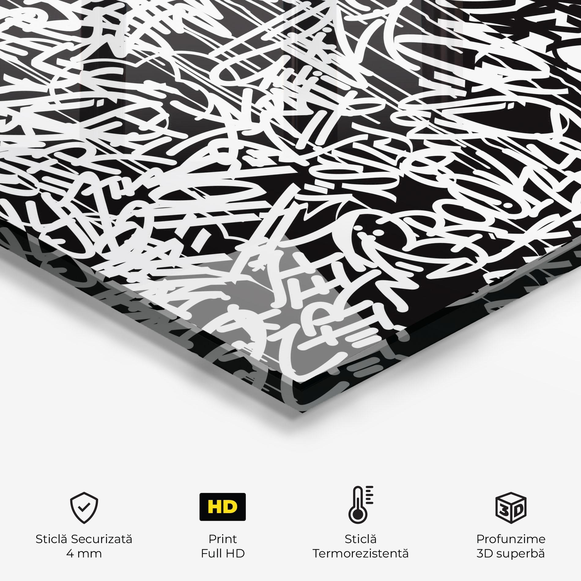 Panou Sticla Bucatarie Black White Graffiti mockup 2
