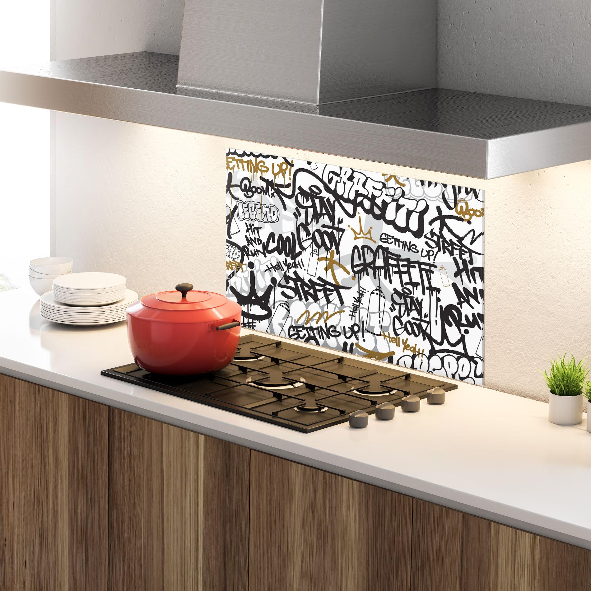 Panou Sticla Bucatarie Black Yellow Graffiti mockup 4