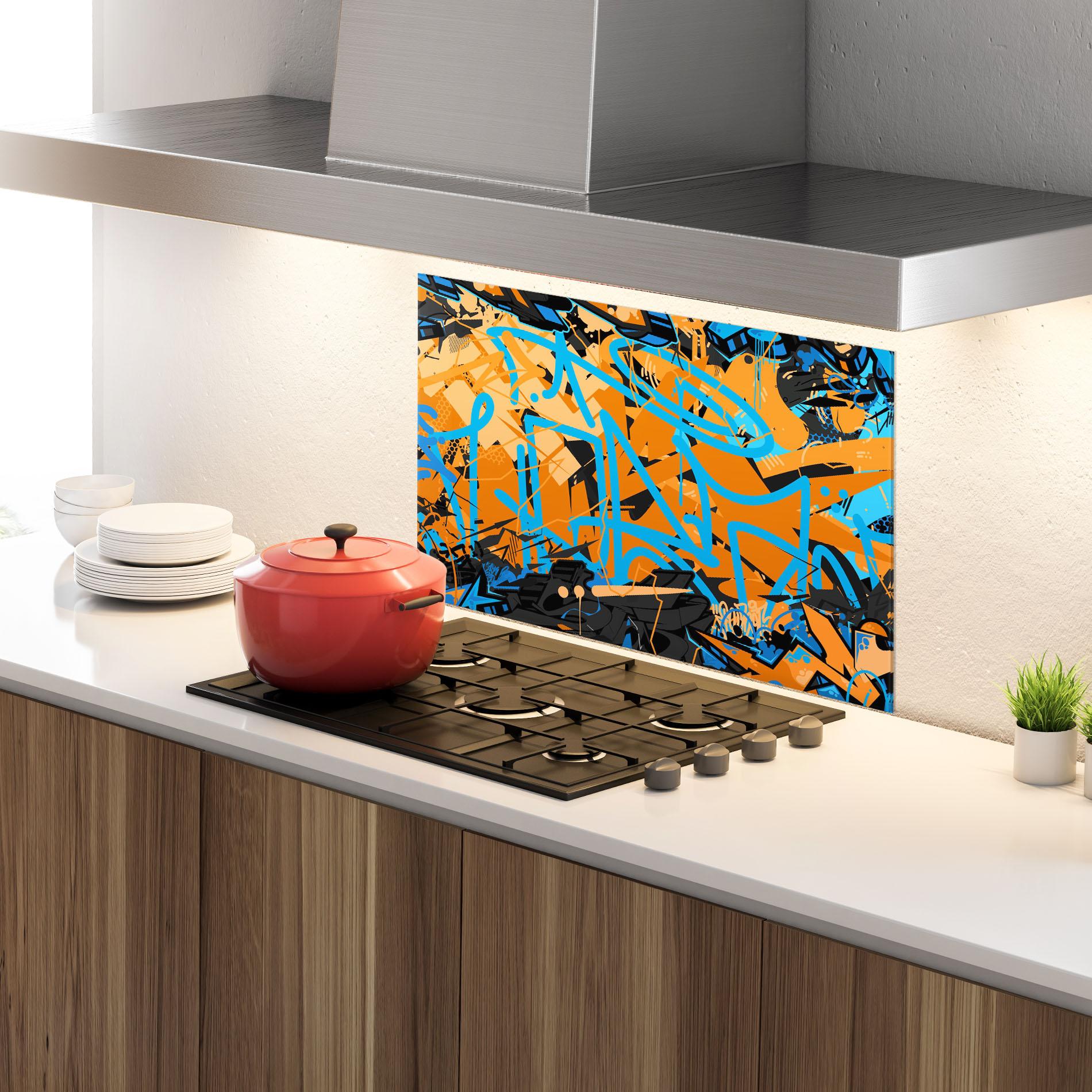 Panou Sticla Bucatarie Blue Orange Graffiti mockup 4