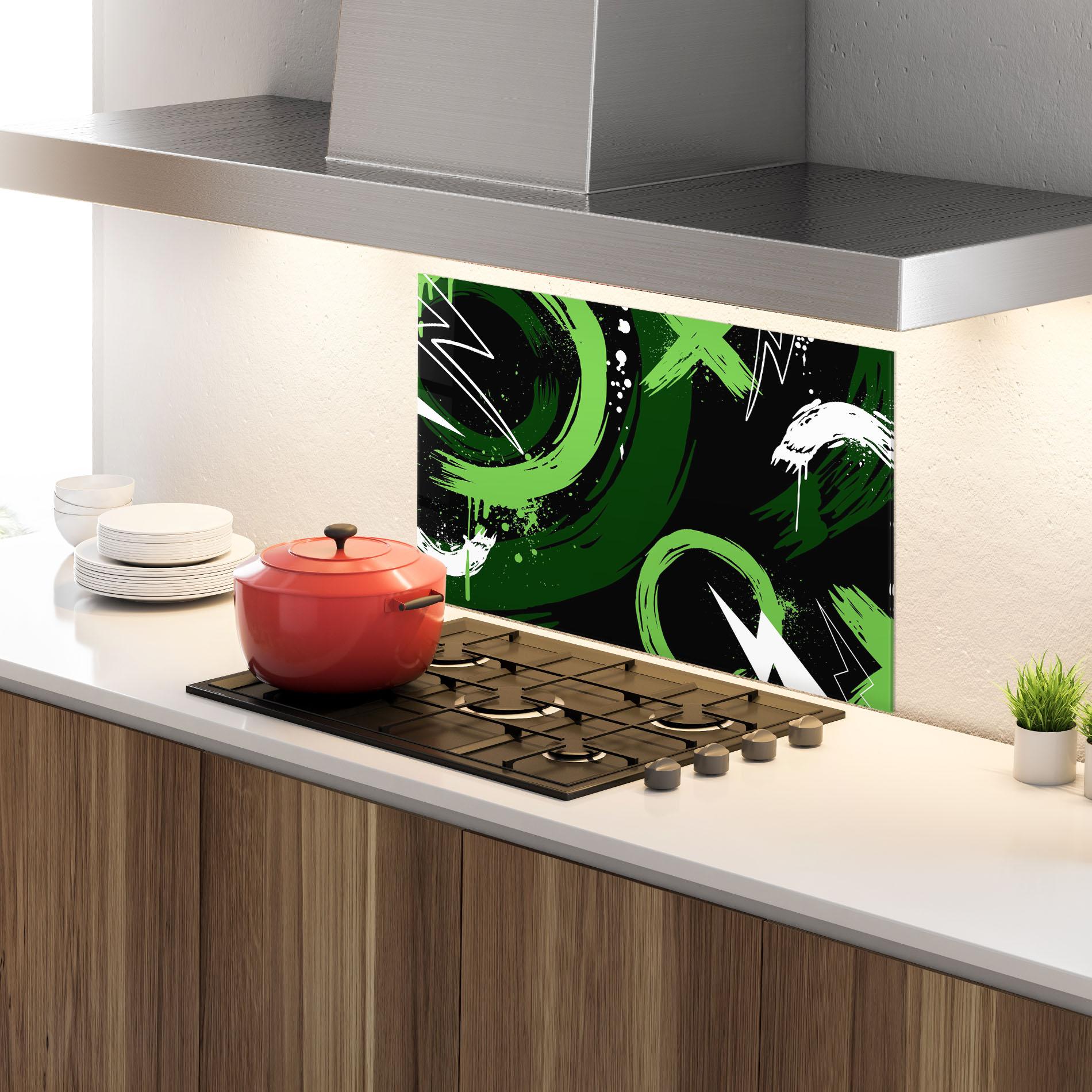 Panou Sticla Bucatarie Green Shades Graffiti mockup 4